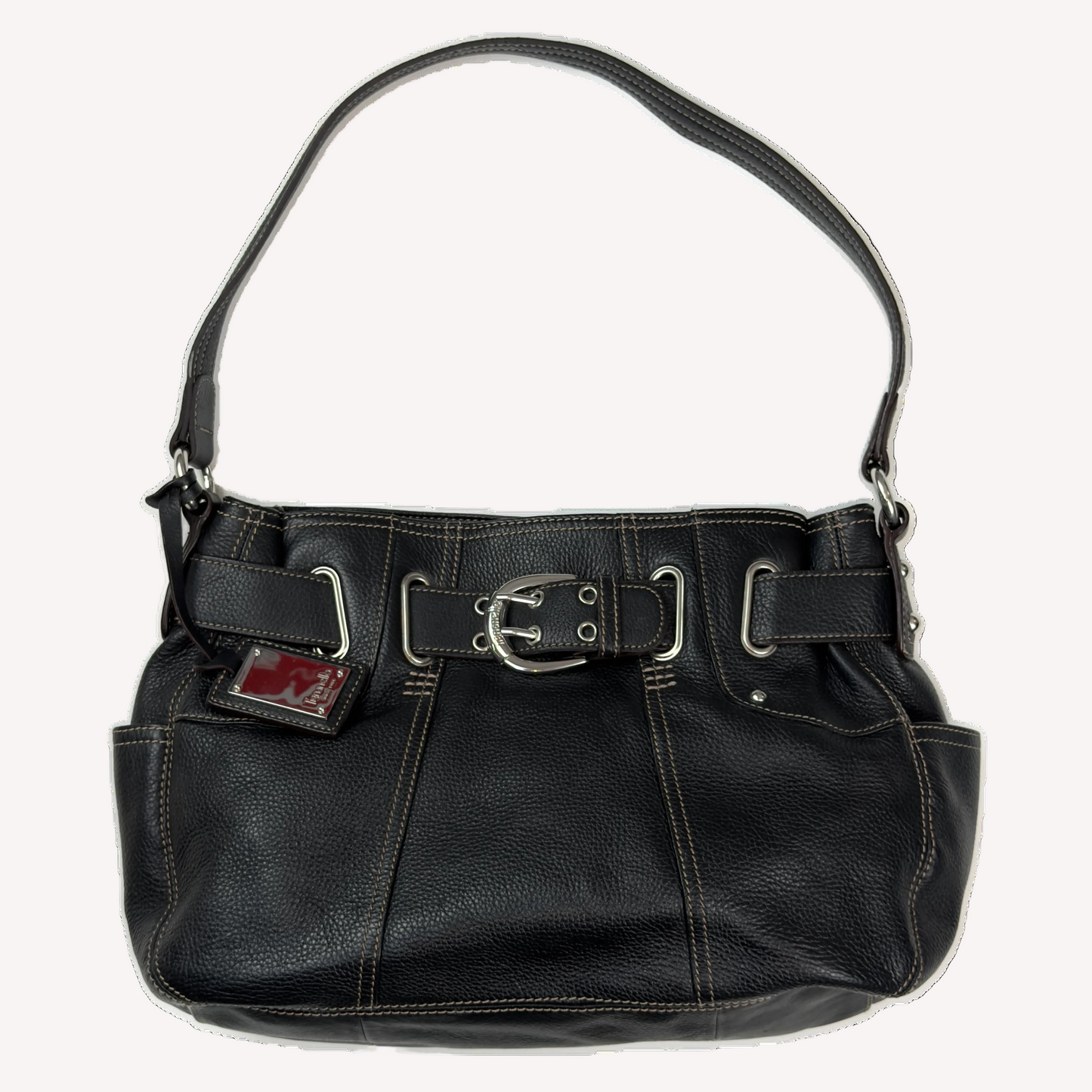 Vintage Tignanello black pebbled leather shoulder bag featuring a silver front buckle, contrast stitching, and side pockets.