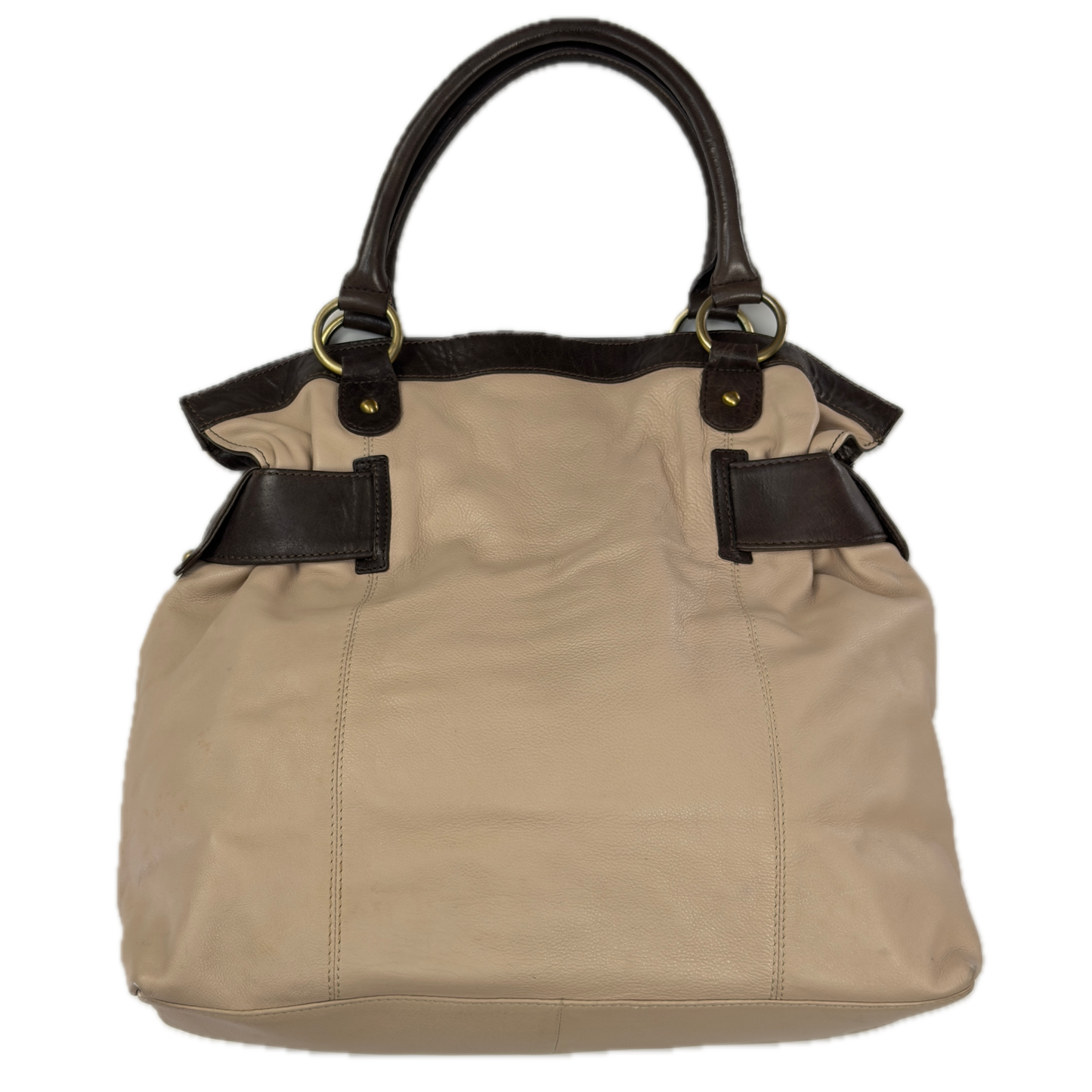Vintage Tommy & Kate oversized slouchy tote bag in cream and chocolate brown leather, featuring brass hardware and a front pocket.