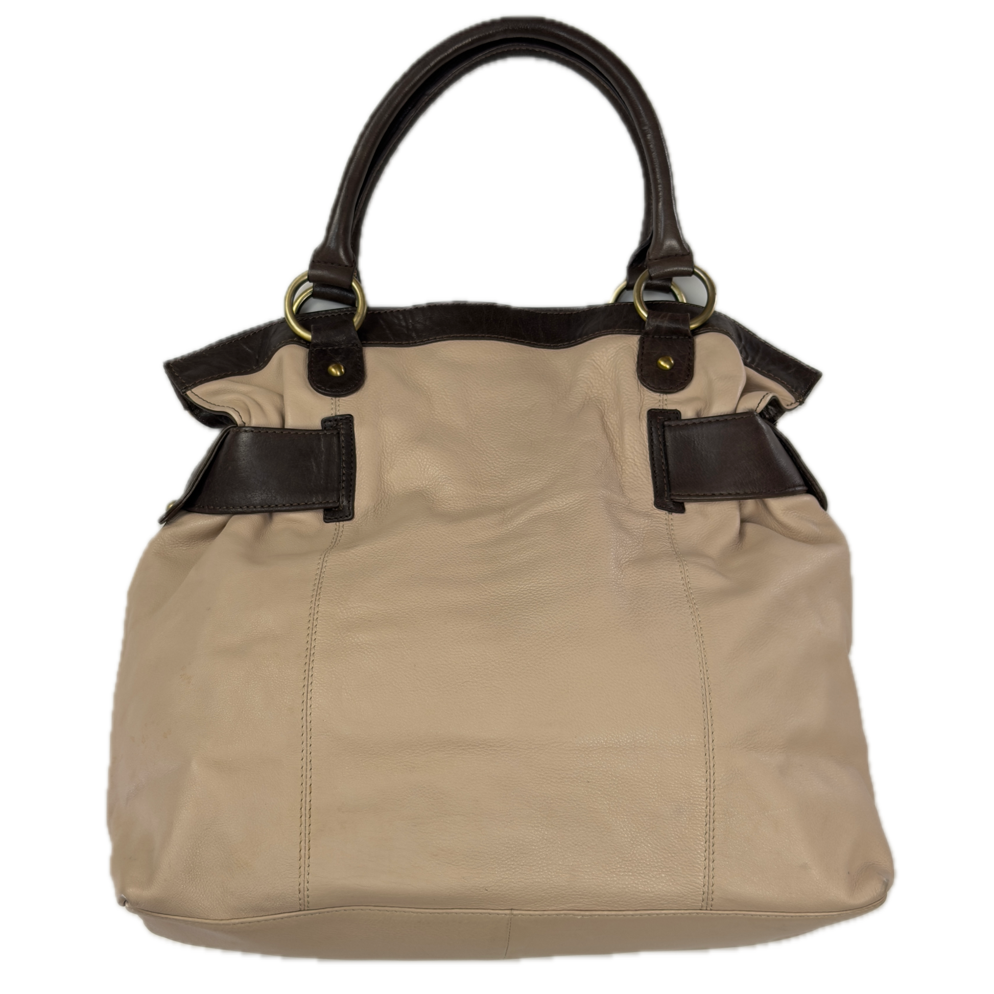 Vintage Tommy & Kate oversized slouchy tote bag in cream and chocolate brown leather, featuring brass hardware and a front pocket.