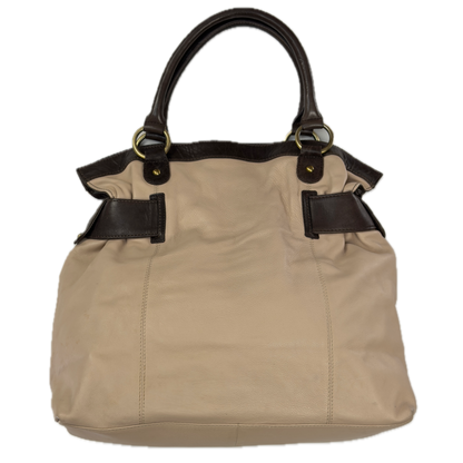 Vintage Tommy & Kate oversized slouchy tote bag in cream and chocolate brown leather, featuring brass hardware and a front pocket.