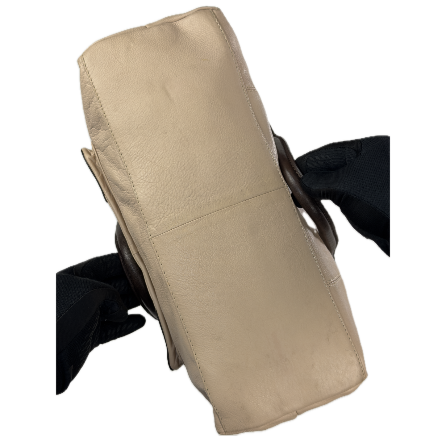 Vintage Tommy & Kate oversized slouchy tote bag in cream and chocolate brown leather, featuring brass hardware and a front pocket.