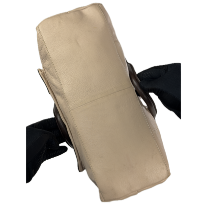 Vintage Tommy & Kate oversized slouchy tote bag in cream and chocolate brown leather, featuring brass hardware and a front pocket.
