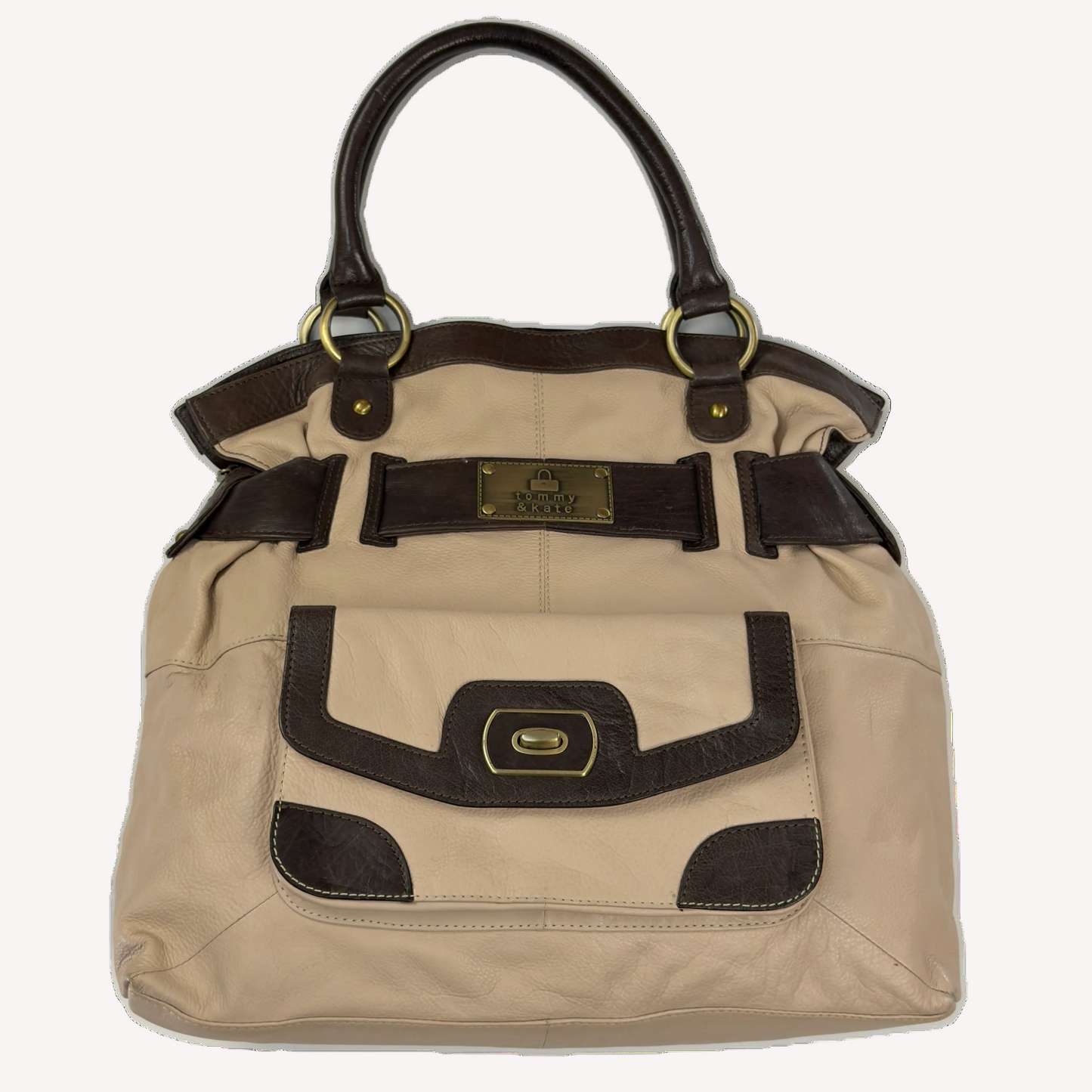 Vintage Tommy & Kate oversized slouchy tote bag in cream and chocolate brown leather, featuring brass hardware and a front pocket.