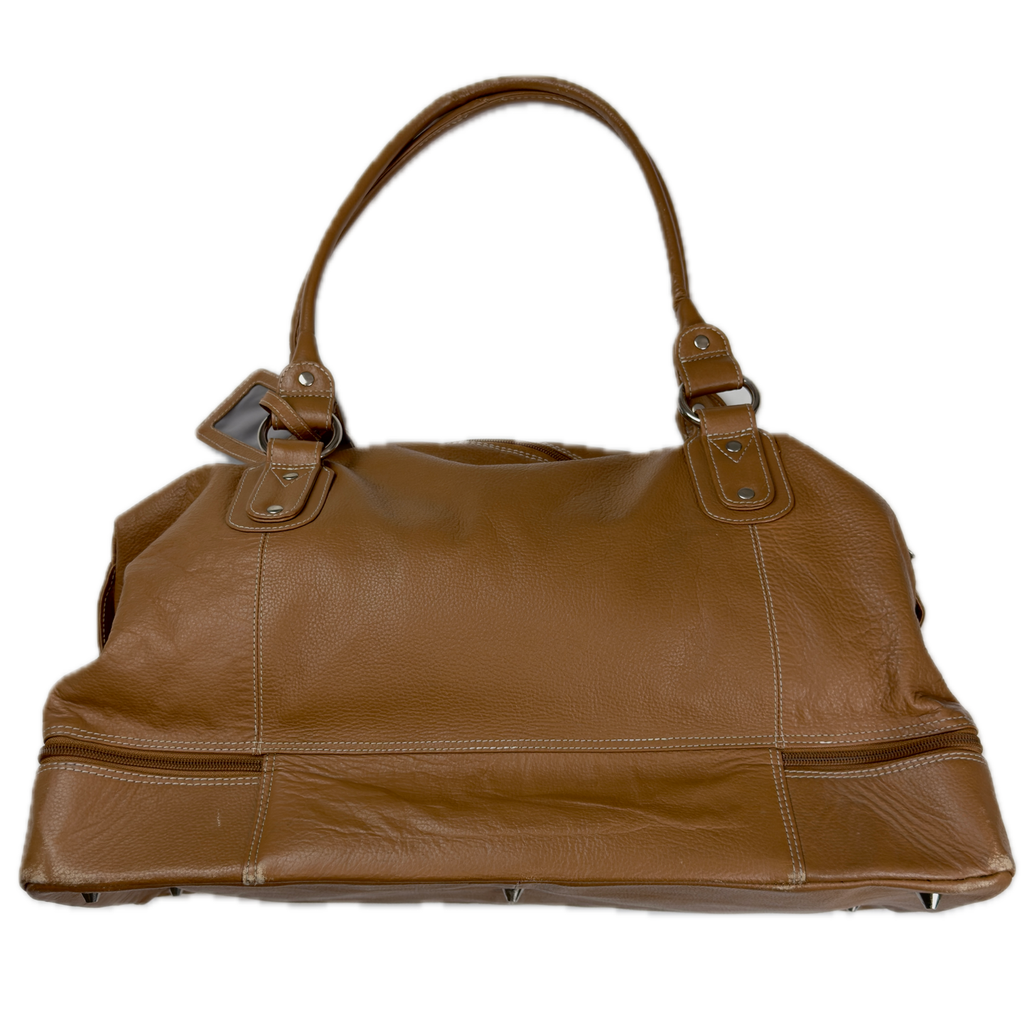 Vintage Tommy & Kate tan brown leather weekender travel bag featuring white contrast stitching, a lower shoe compartment, and a luggage tag.