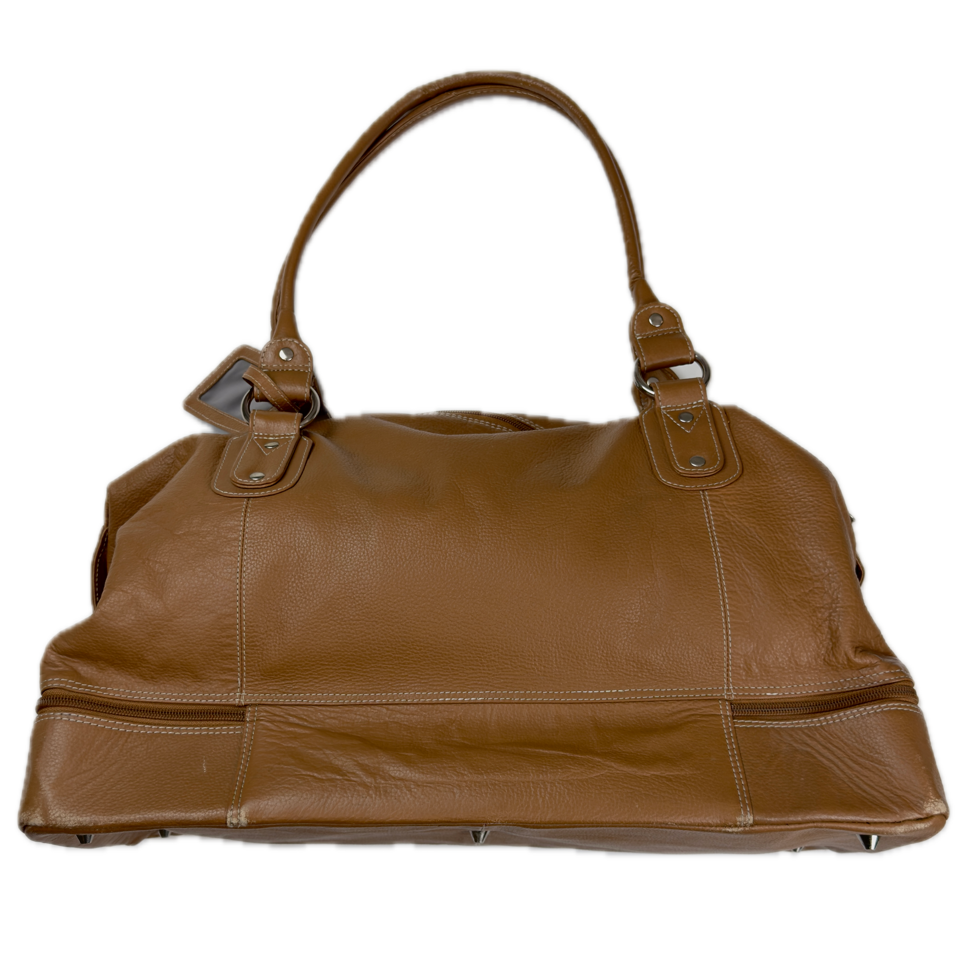 Vintage Tommy & Kate tan brown leather weekender travel bag featuring white contrast stitching, a lower shoe compartment, and a luggage tag.