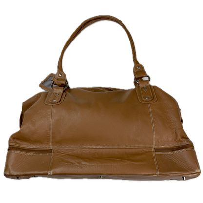 Vintage Tommy & Kate tan brown leather weekender travel bag featuring white contrast stitching, a lower shoe compartment, and a luggage tag.