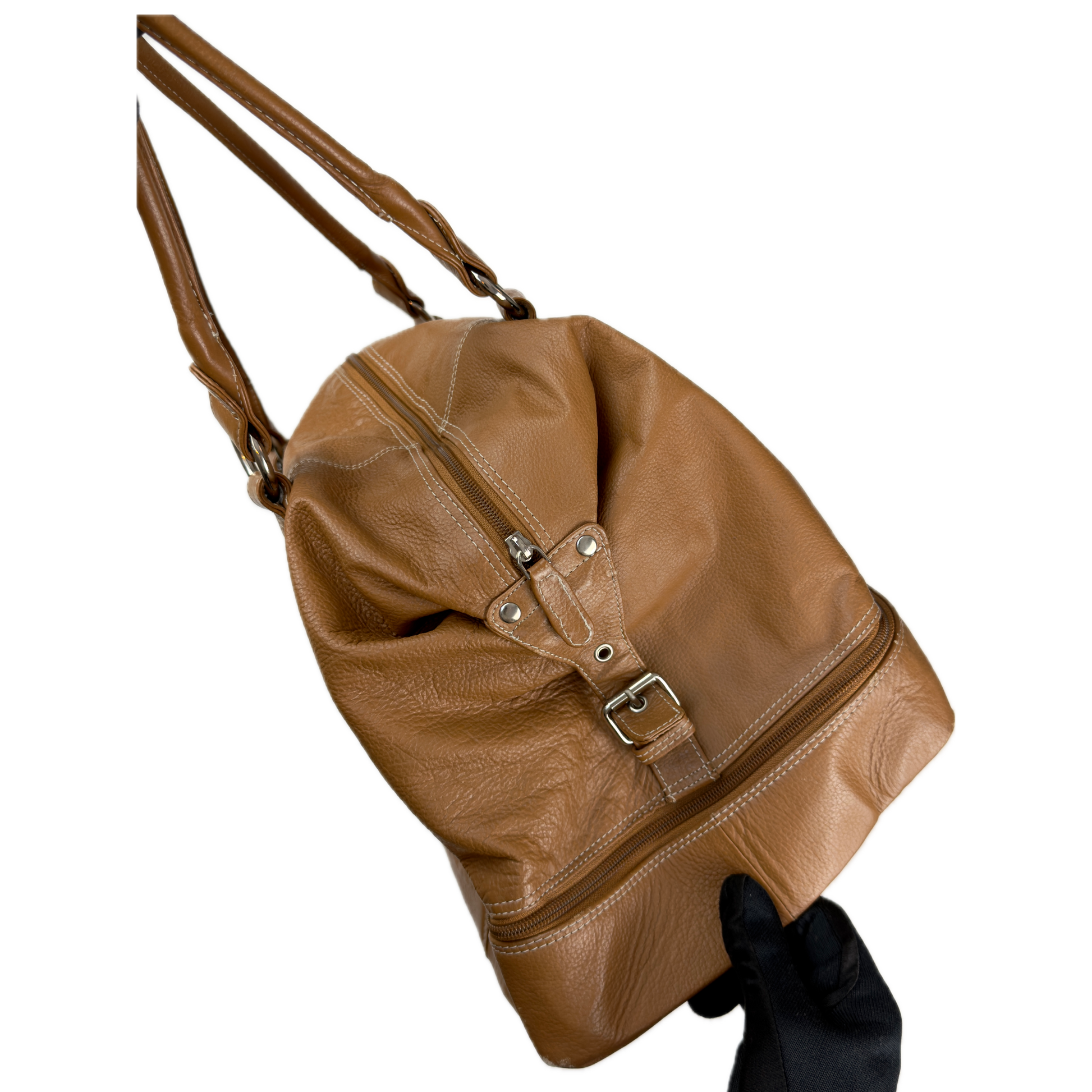 Vintage Tommy & Kate tan brown leather weekender travel bag featuring white contrast stitching, a lower shoe compartment, and a luggage tag.
