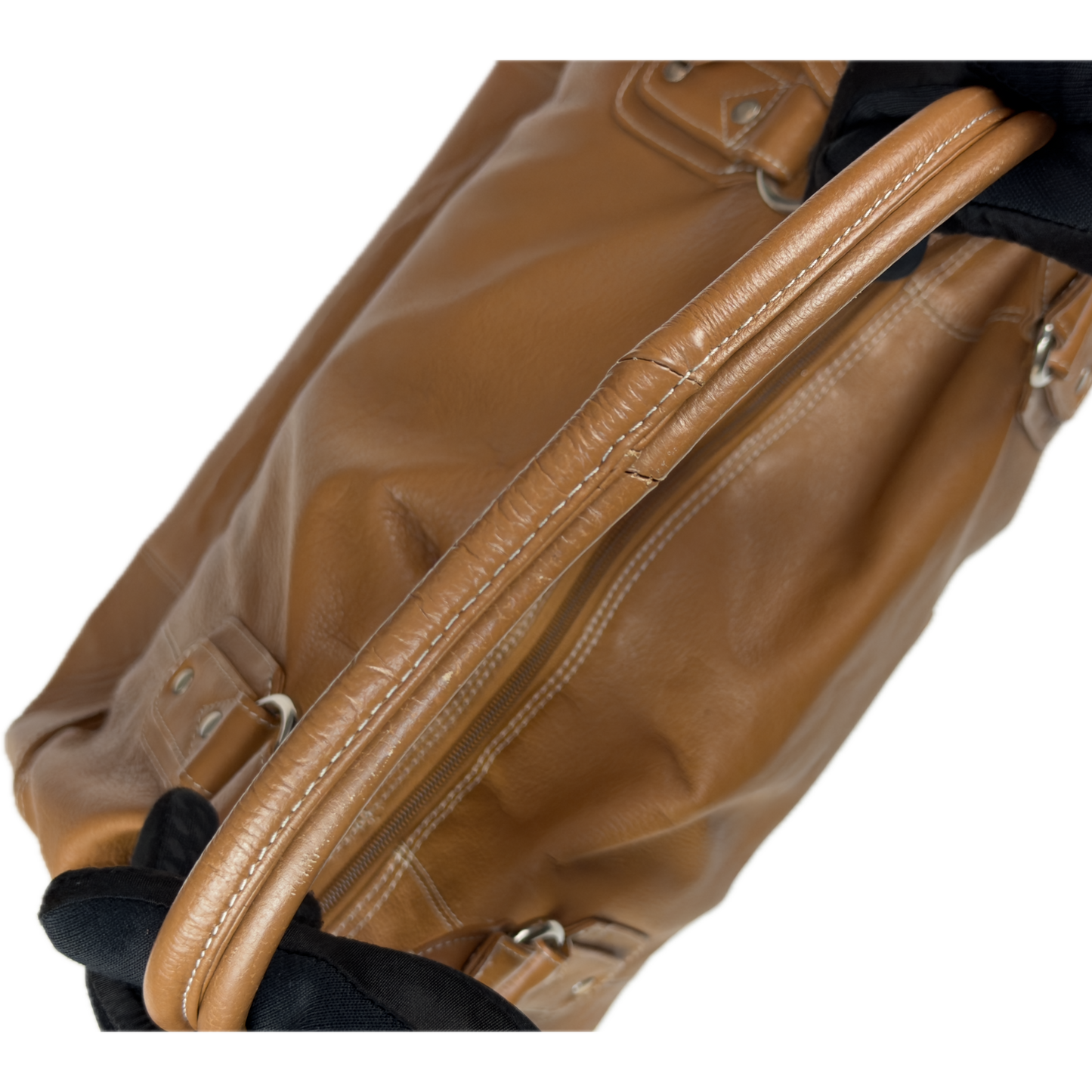 Vintage Tommy & Kate tan brown leather weekender travel bag featuring white contrast stitching, a lower shoe compartment, and a luggage tag.