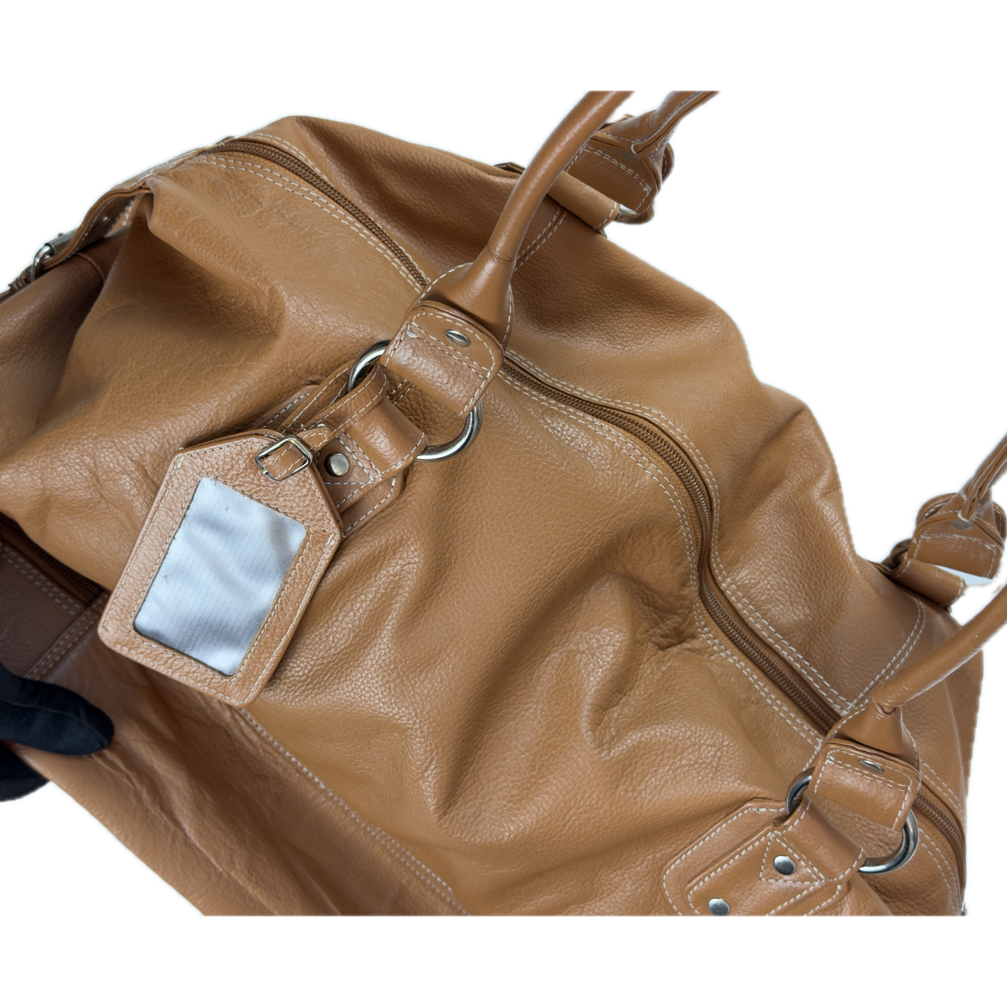 Vintage Tommy & Kate tan brown leather weekender travel bag featuring white contrast stitching, a lower shoe compartment, and a luggage tag.