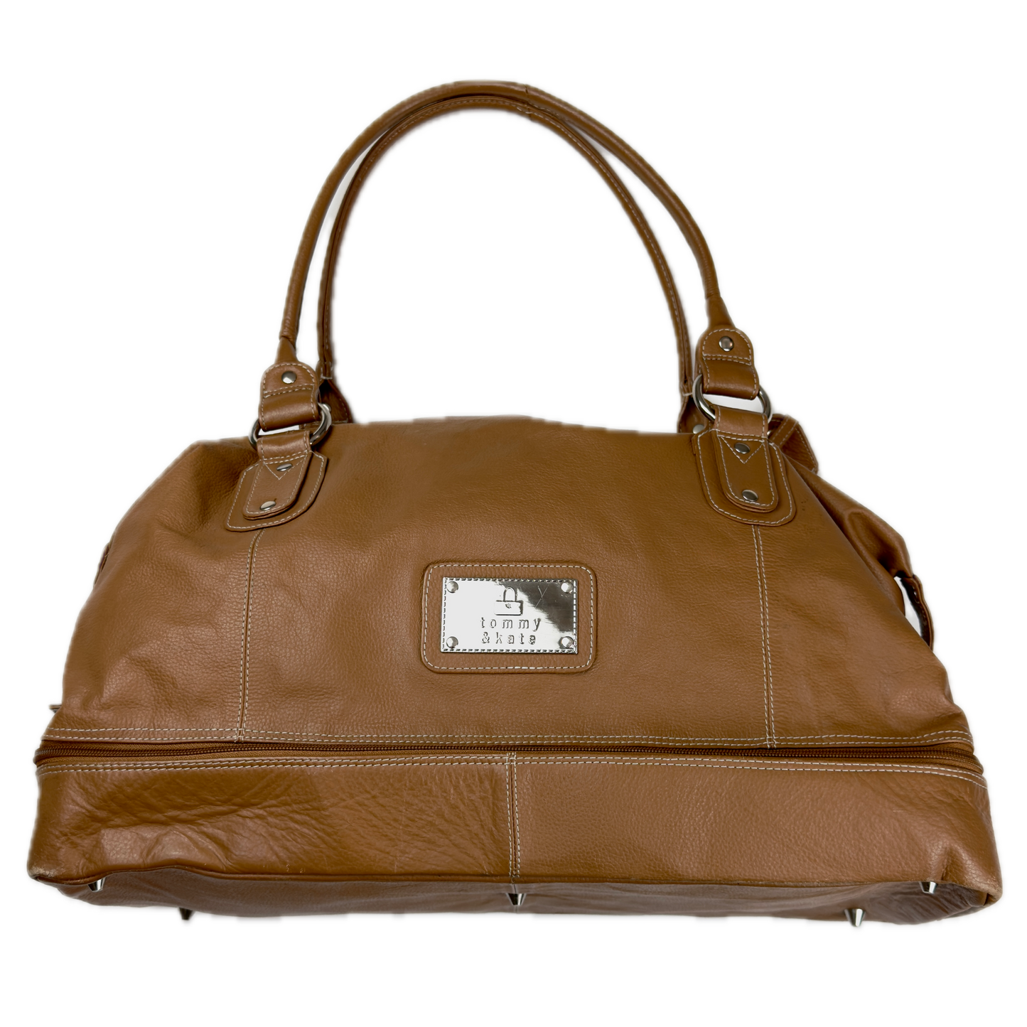 Vintage Tommy & Kate tan brown leather weekender travel bag featuring white contrast stitching, a lower shoe compartment, and a luggage tag.