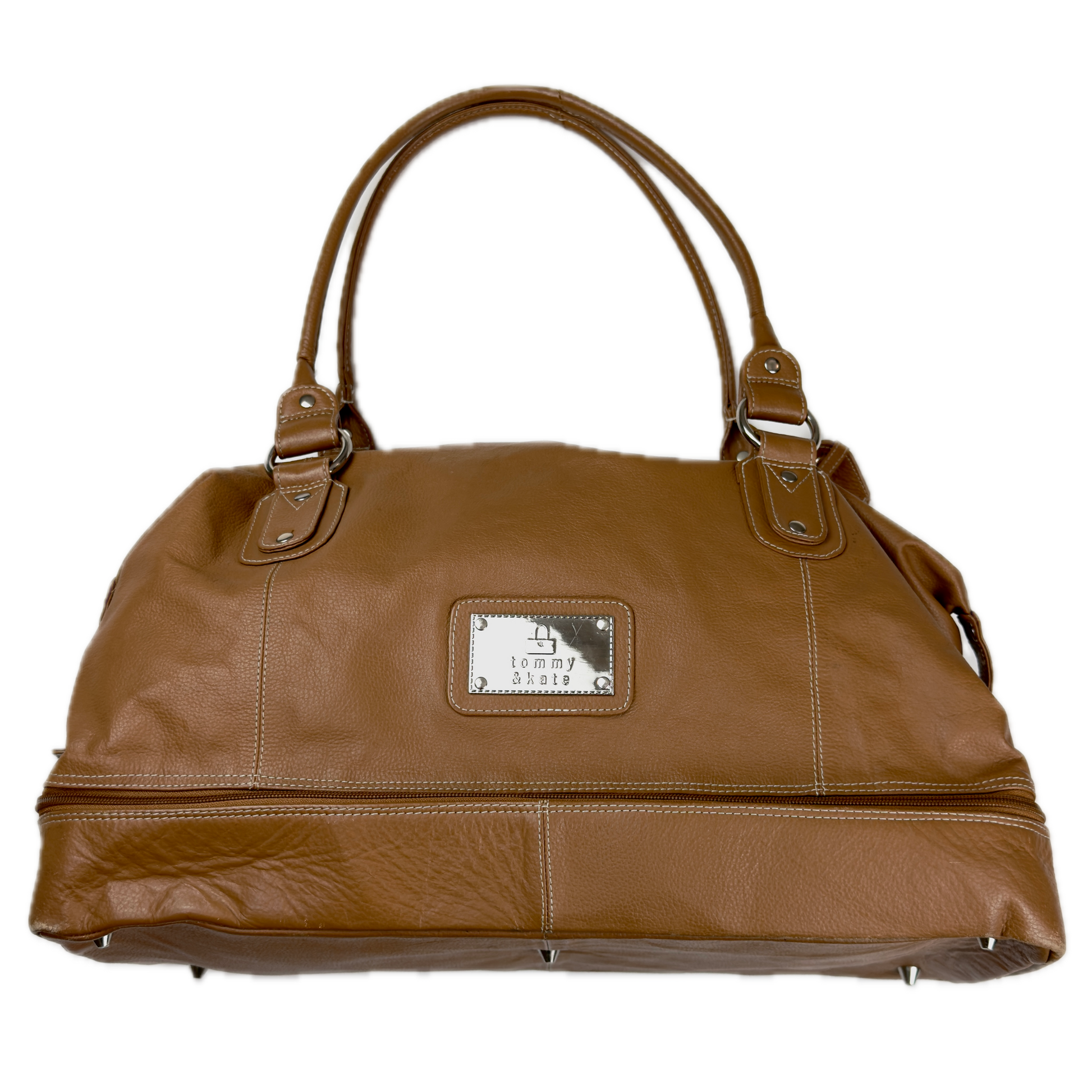 Vintage Tommy & Kate tan brown leather weekender travel bag featuring white contrast stitching, a lower shoe compartment, and a luggage tag.