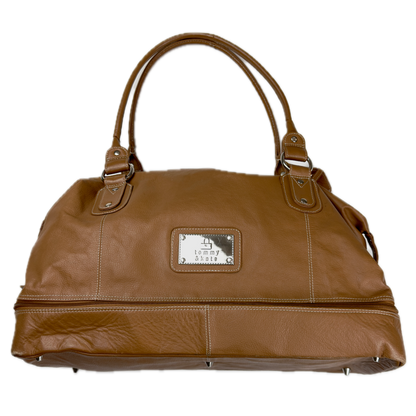 Vintage Tommy & Kate tan brown leather weekender travel bag featuring white contrast stitching, a lower shoe compartment, and a luggage tag.