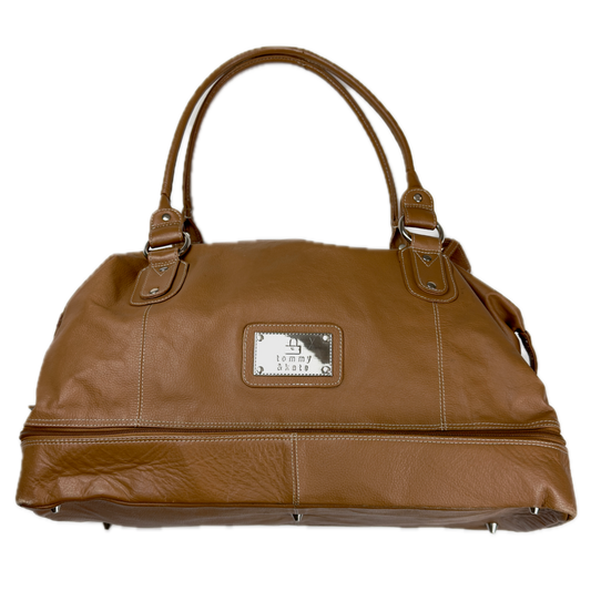 Vintage Tommy & Kate tan brown leather weekender travel bag featuring white contrast stitching, a lower shoe compartment, and a luggage tag.