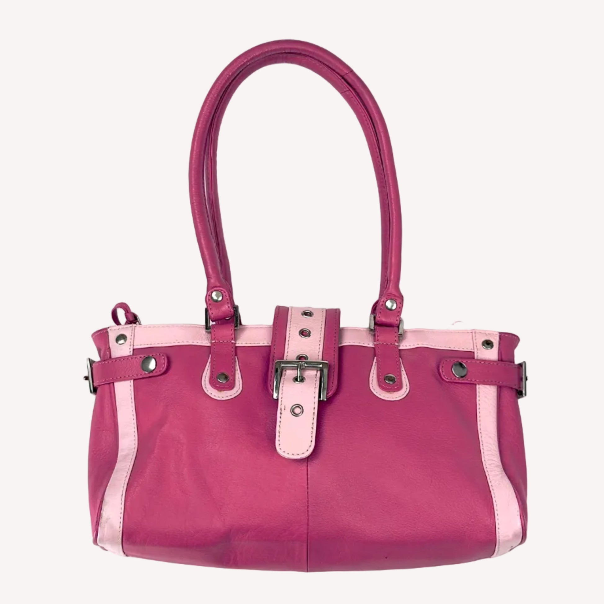 Vintage Y2K two-tone leather shoulder bag featuring a hot pink body, pale baby pink accents, and a silver front buckle.
