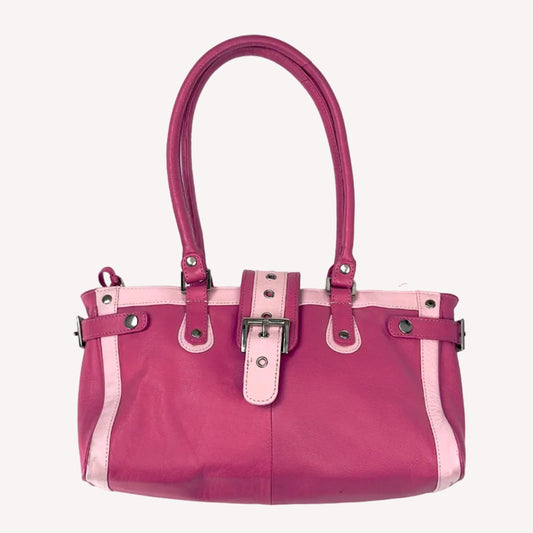Vintage Y2K two-tone leather shoulder bag featuring a hot pink body, pale baby pink accents, and a silver front buckle.