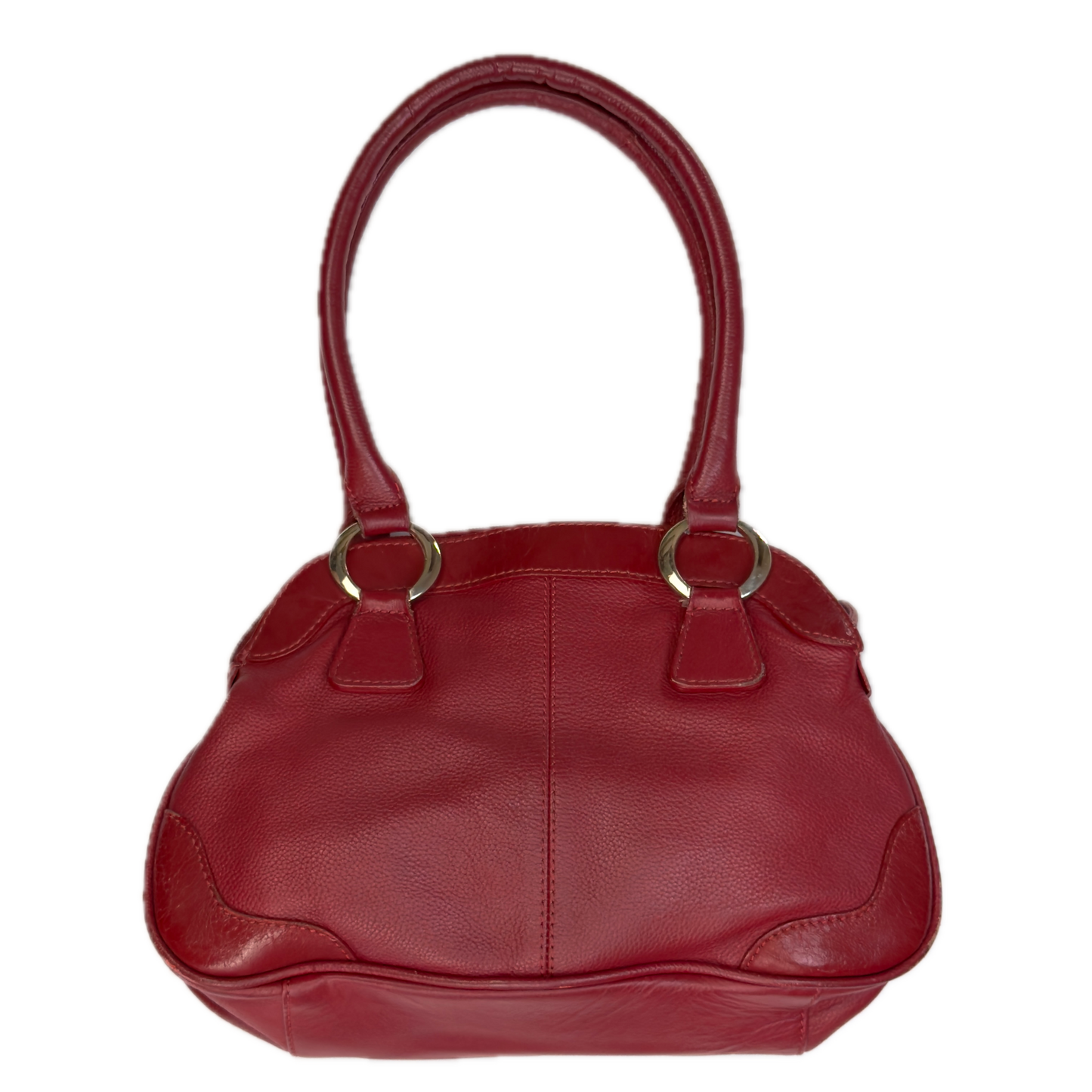 Rear view of an elongated vintage Y2K Collection by Debenhams red genuine leather shoulder bag with silver hardware.