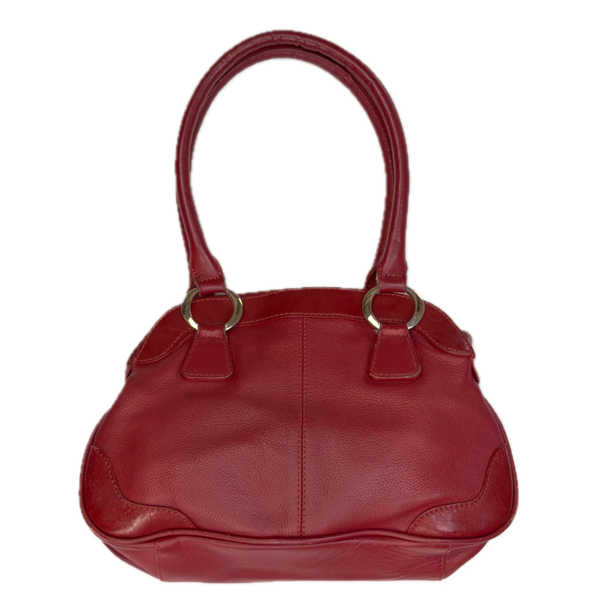 Rear view of an elongated vintage Y2K Collection by Debenhams red genuine leather shoulder bag with silver hardware.