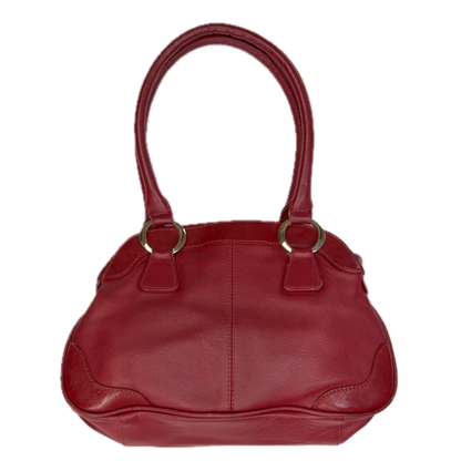 Rear view of an elongated vintage Y2K Collection by Debenhams red genuine leather shoulder bag with silver hardware.