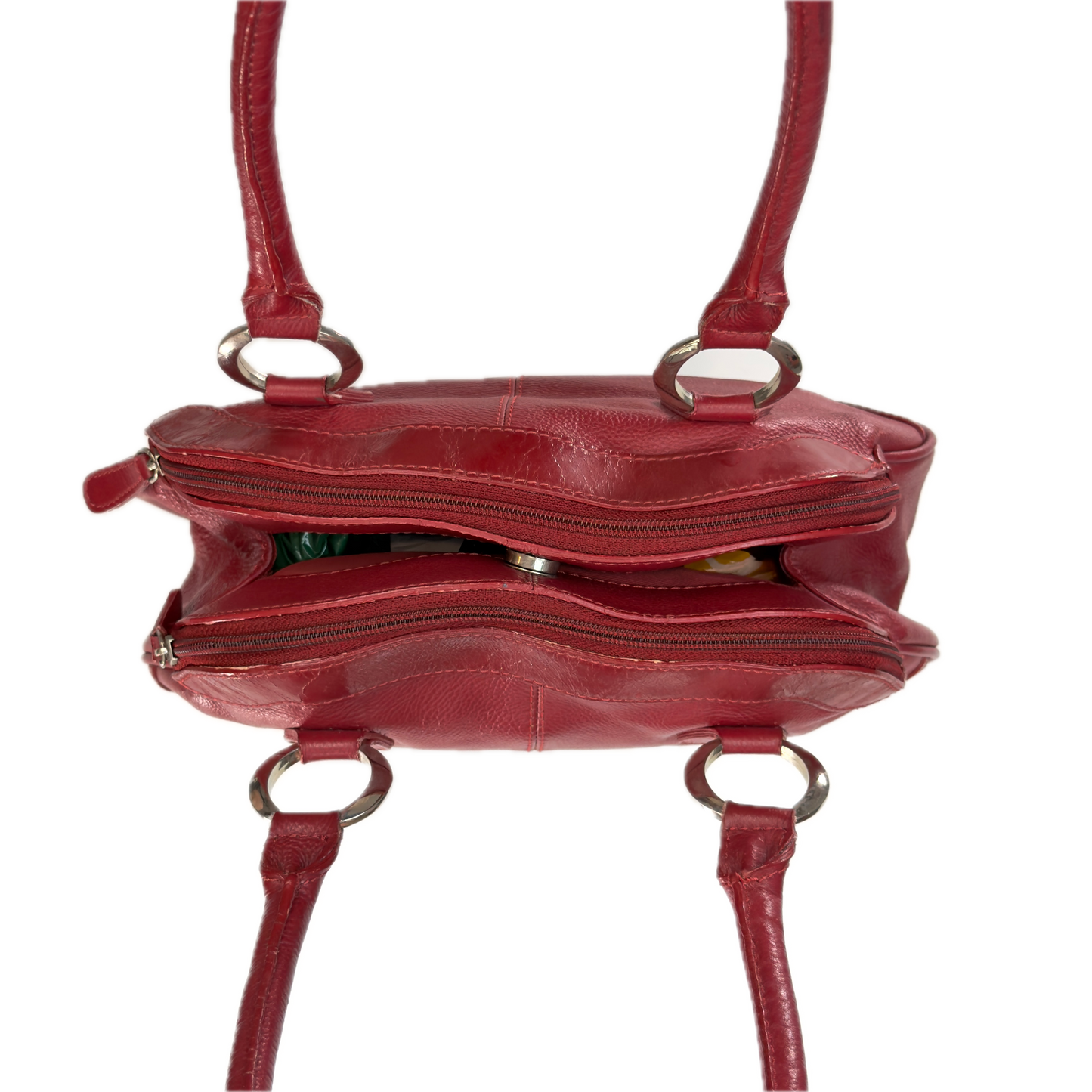 Aerial view of an elongated vintage Y2K Collection by Debenhams red genuine leather shoulder bag with silver hardware.