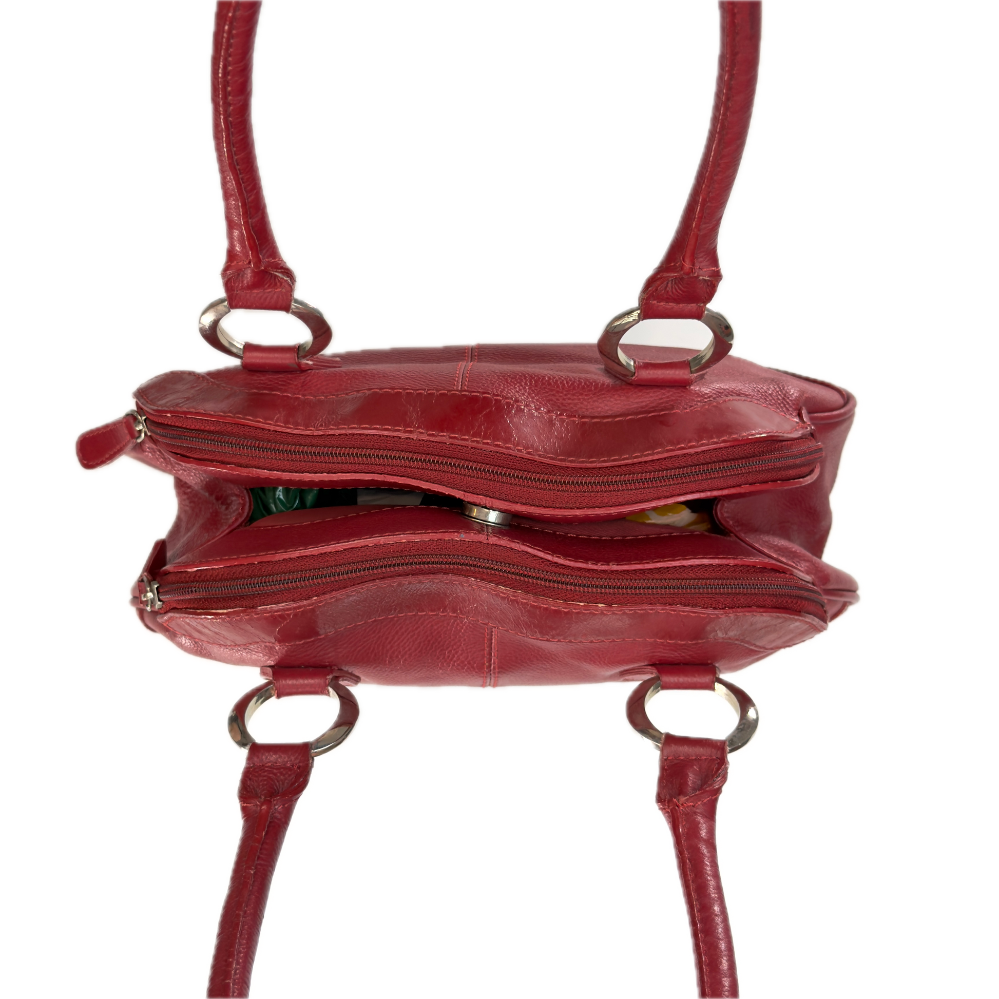 Aerial view of an elongated vintage Y2K Collection by Debenhams red genuine leather shoulder bag with silver hardware.