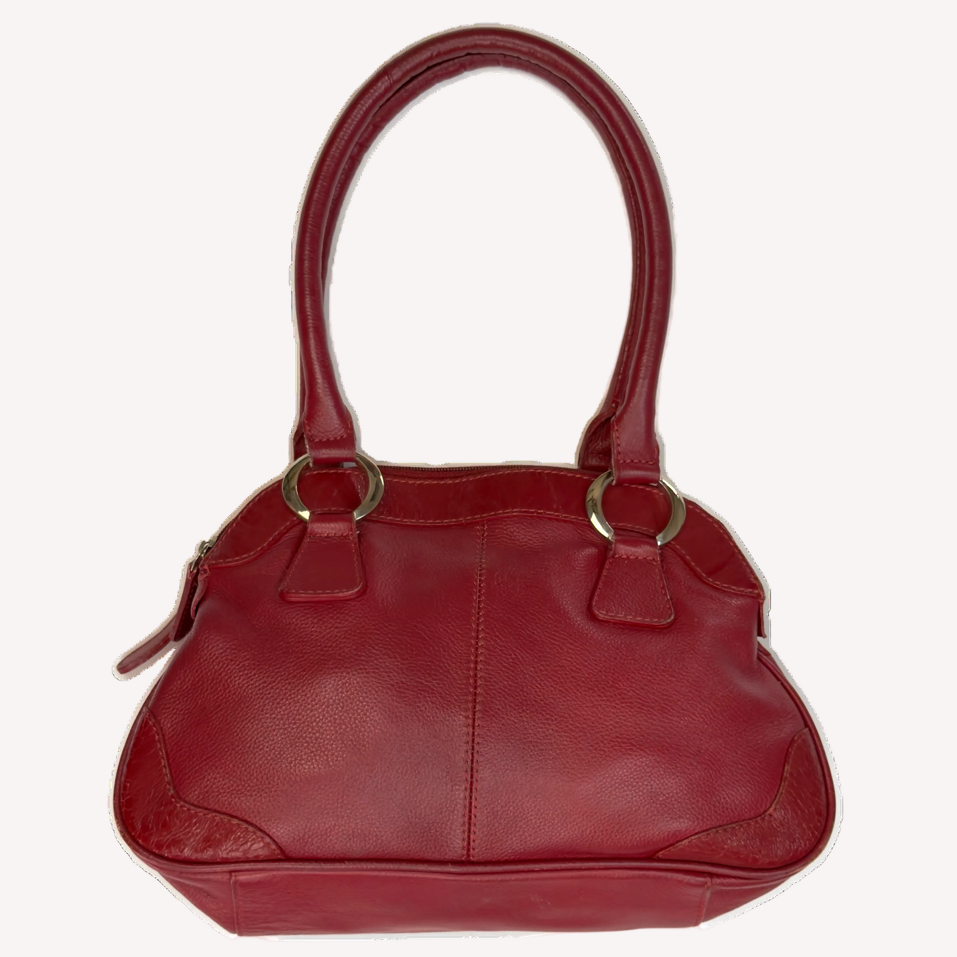 Front view of an elongated vintage Y2K Collection by Debenhams red genuine leather shoulder bag with silver hardware.