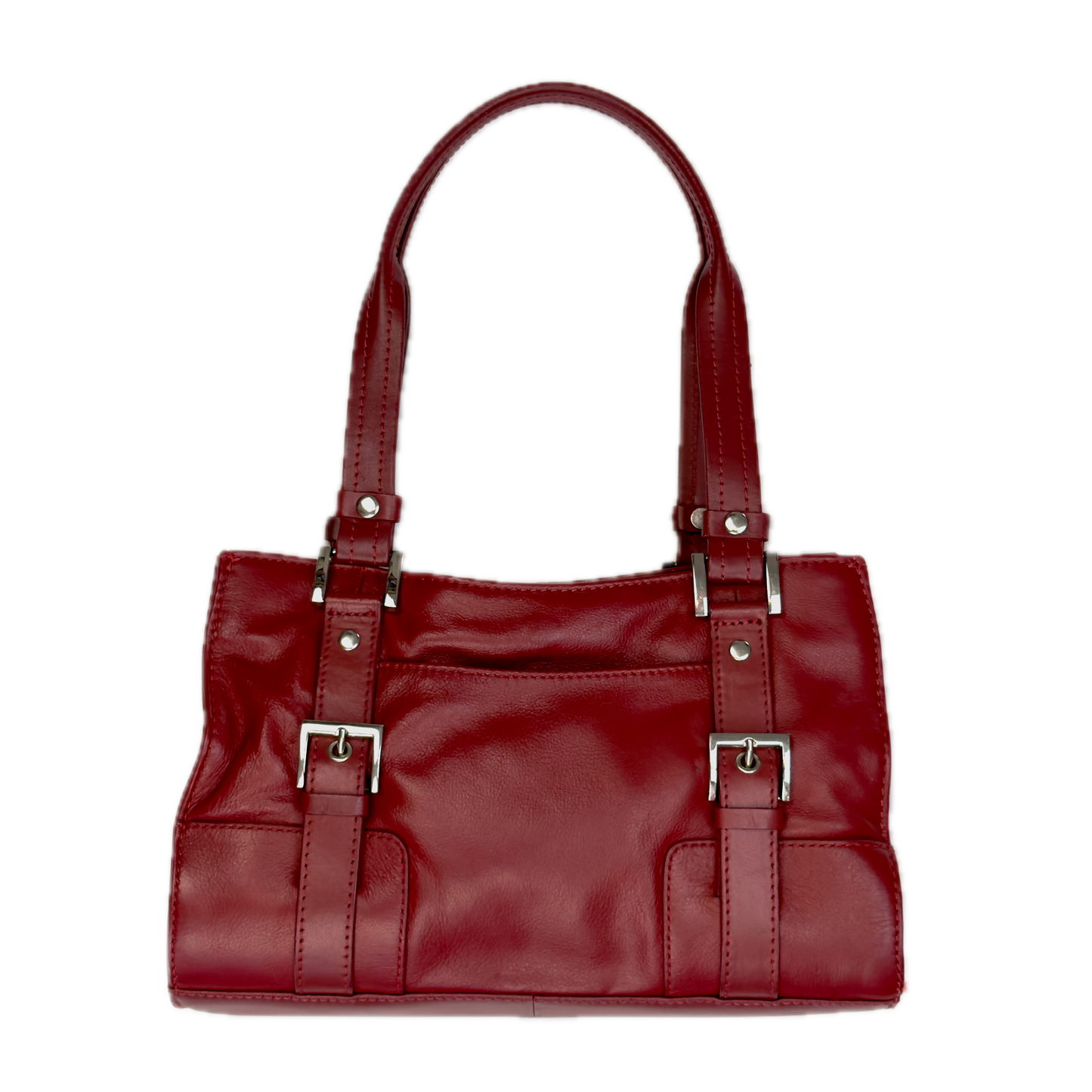 Rear view of a structured vintage Y2K Collection by Debenhams glossy red shoulder bag featuring silver-tone buckle details.