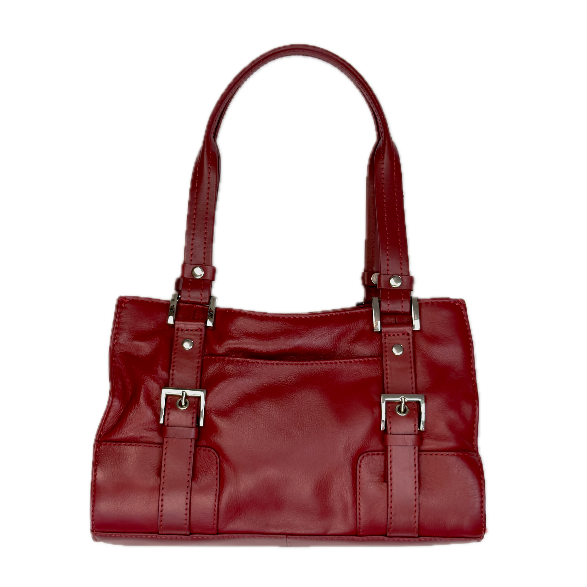 Rear view of a structured vintage Y2K Collection by Debenhams glossy red shoulder bag featuring silver-tone buckle details.