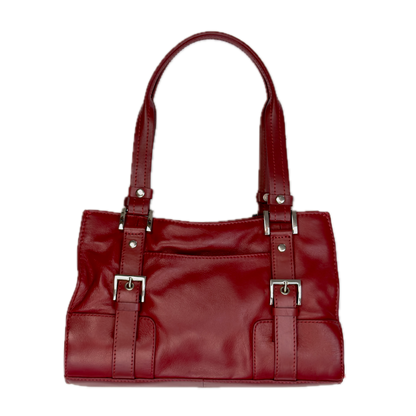 Rear view of a structured vintage Y2K Collection by Debenhams glossy red shoulder bag featuring silver-tone buckle details.