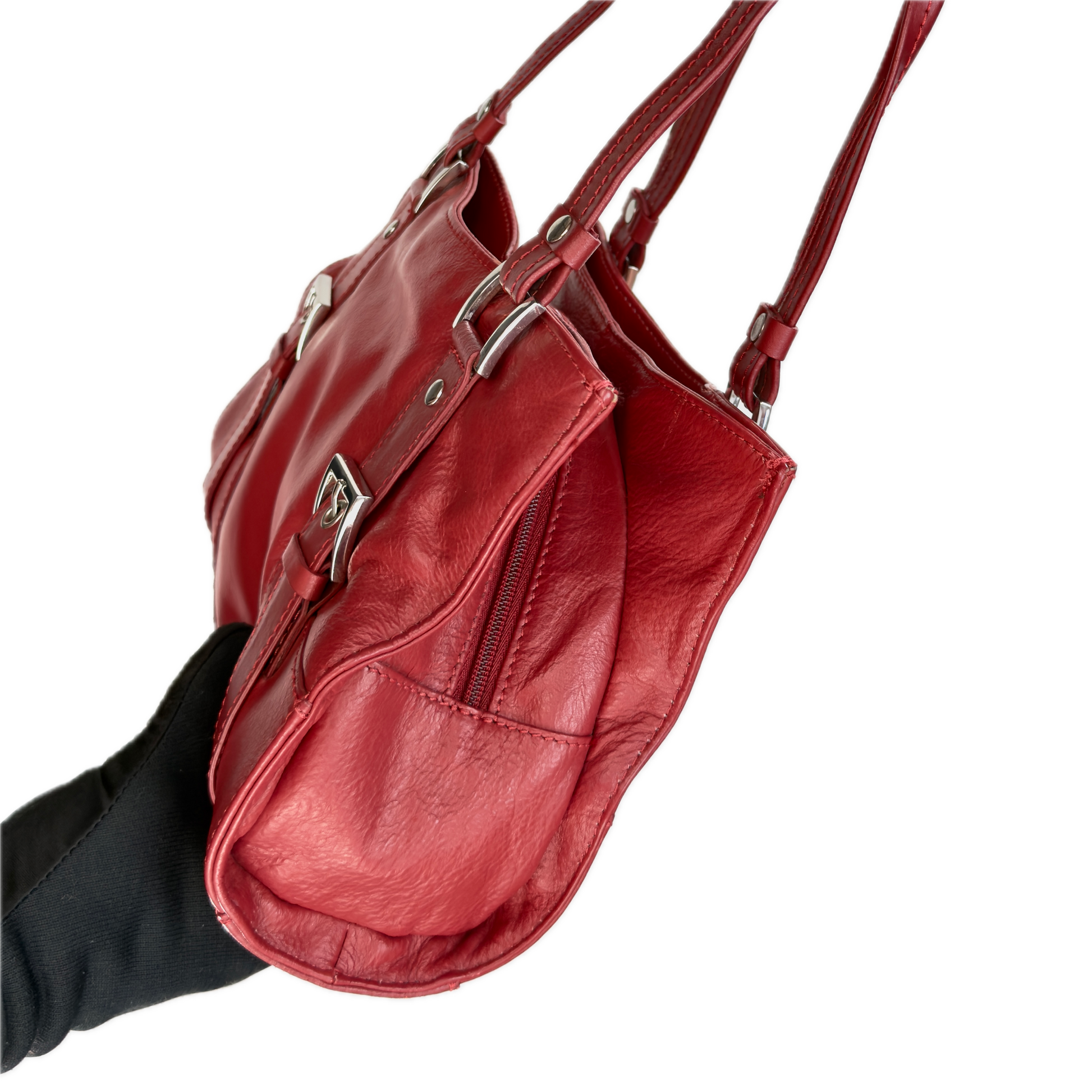 Side view of a structured vintage Y2K Collection by Debenhams glossy red shoulder bag featuring silver-tone buckle details. 