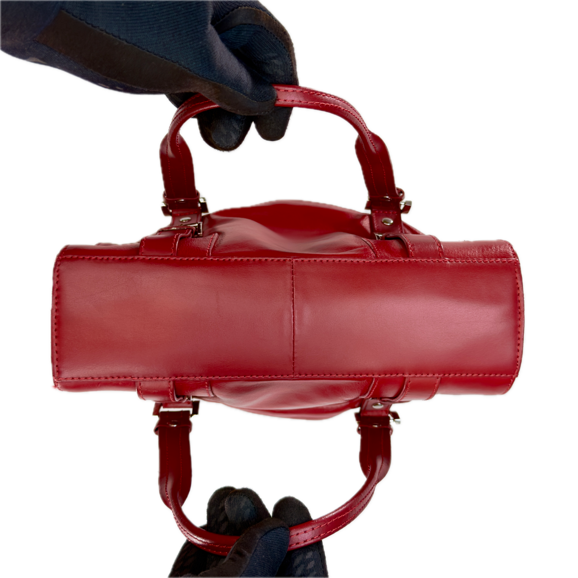 Structured vintage Y2K Collection by Debenhams glossy red shoulder bag featuring silver-tone buckle details.