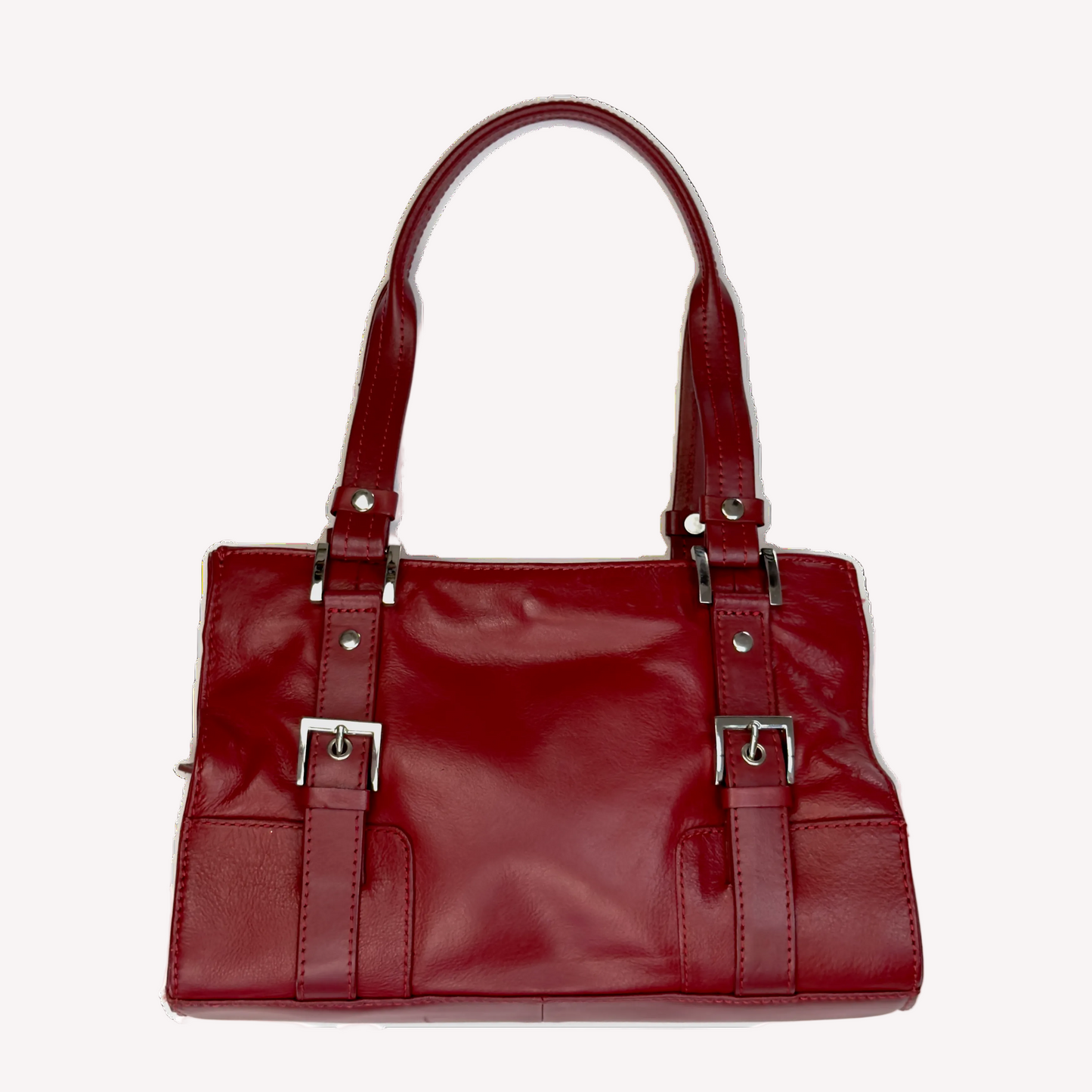 Front view of a structured vintage Y2K Collection by Debenhams glossy red shoulder bag featuring silver-tone buckle details.