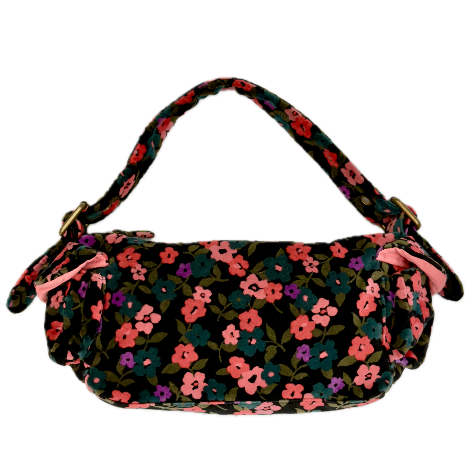 Rear view of a vintage Y2K GAP black cotton velour baguette shoulder bag with a plush velvety texture against a black background.