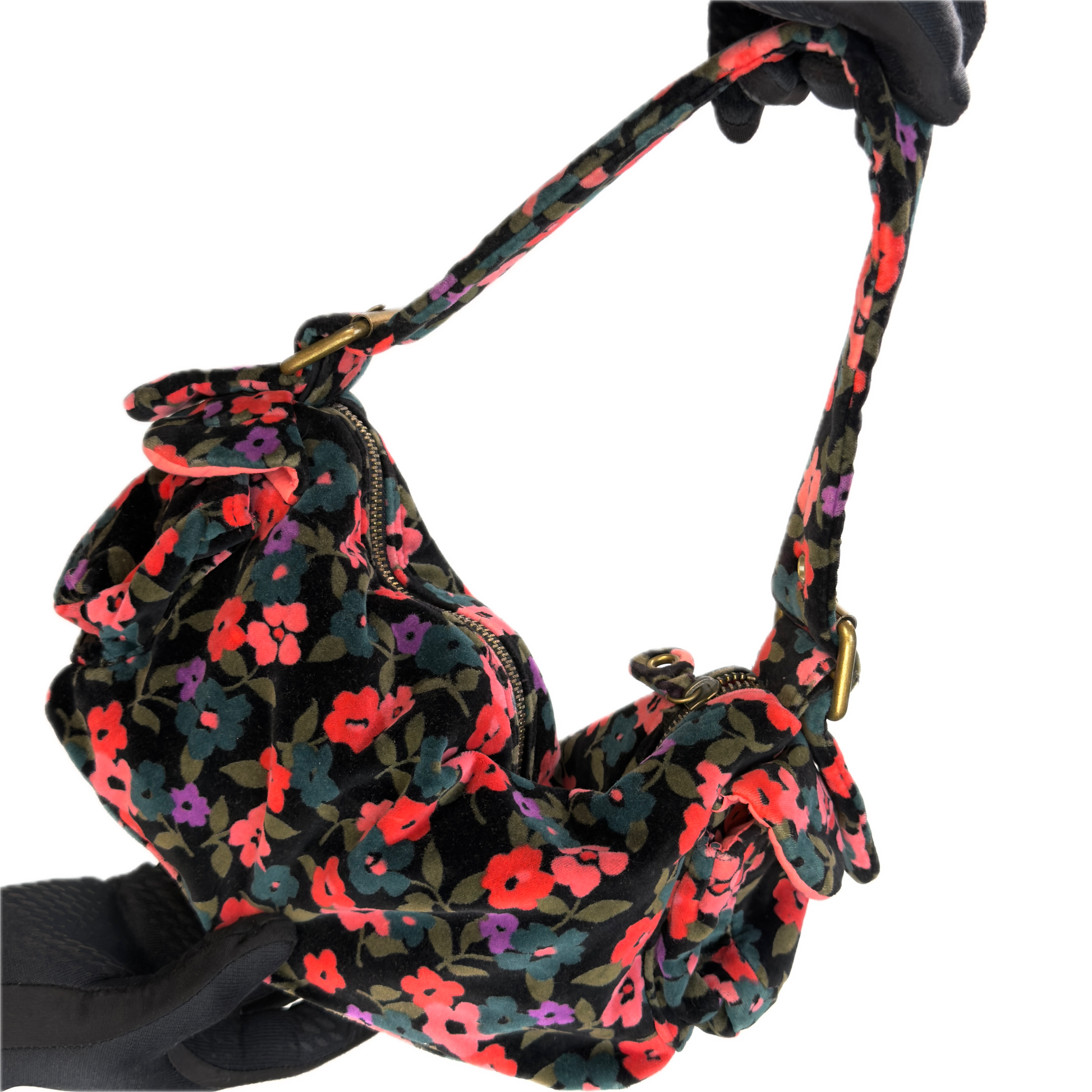 Front view of a vintage Y2K GAP black cotton velour baguette shoulder bag with a plush velvety texture against a black background.