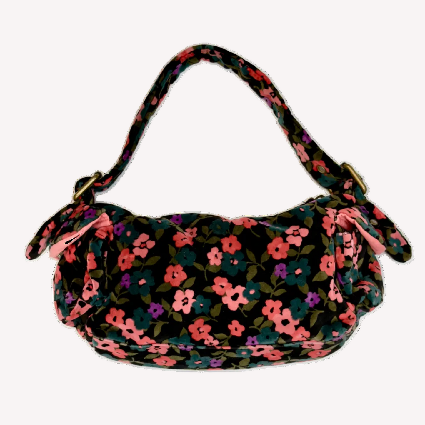 Front view of a vintage Y2K GAP black cotton velour baguette shoulder bag with a plush velvety texture against a black background.