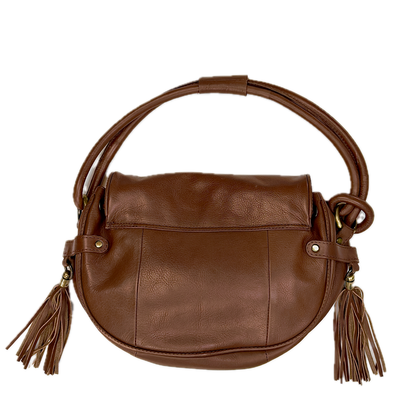 Rear view of a structured vintage Y2K Modalù tan pebbled leather shoulder bag with an adjustable strap and gold hardware. 