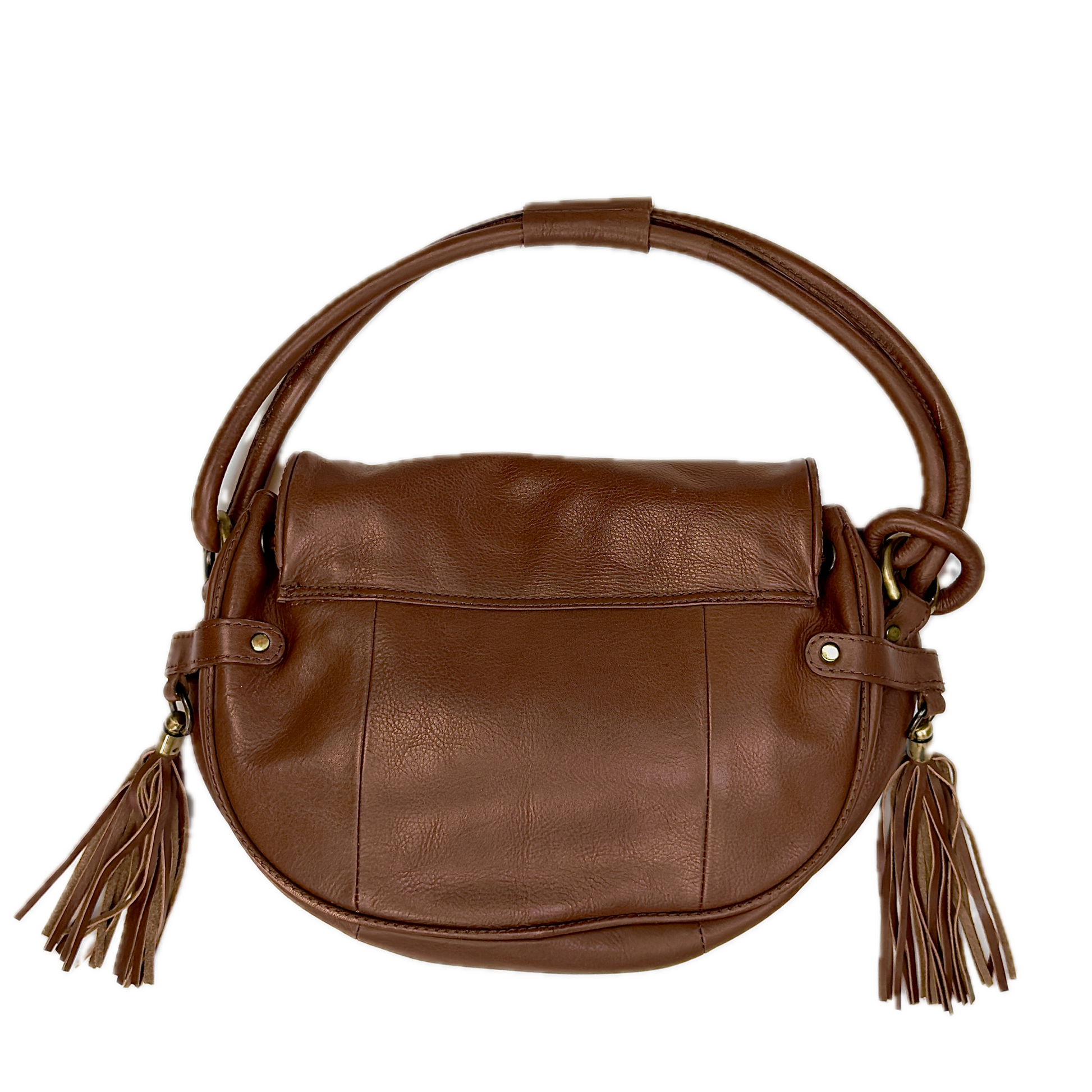Rear view of a structured vintage Y2K Modalù tan pebbled leather shoulder bag with an adjustable strap and gold hardware. 