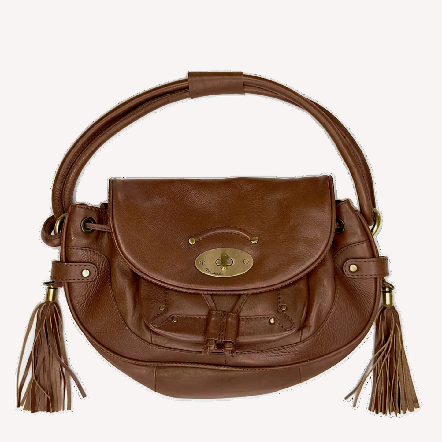 Front view of a structured vintage Y2K Modalù tan pebbled leather shoulder bag with an adjustable strap and gold hardware. 