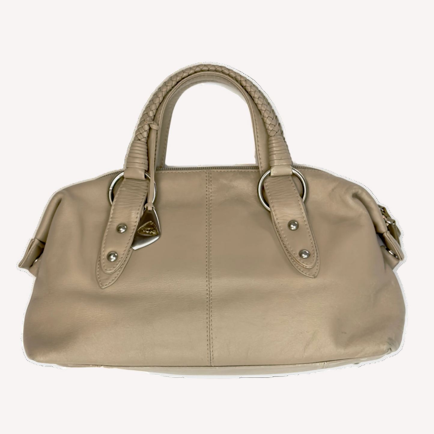 Front view of a structured vintage Y2K Tula cool beige genuine leather top handle bag with silver hardware.