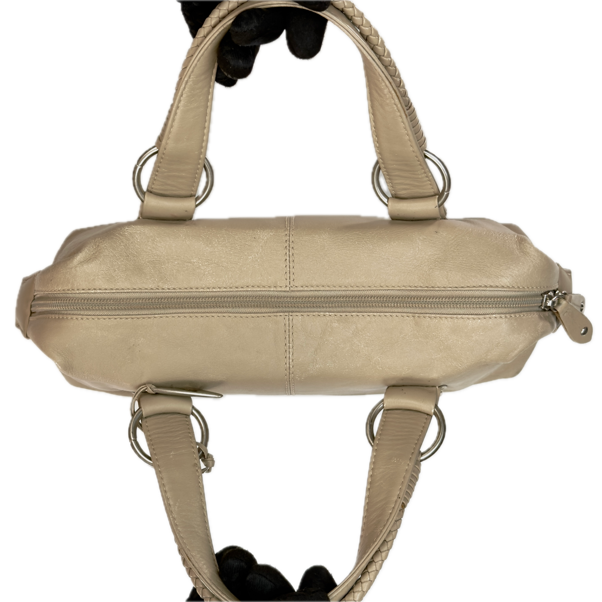 Aerial view of a structured vintage Y2K Tula cool beige genuine leather top handle bag with silver hardware.