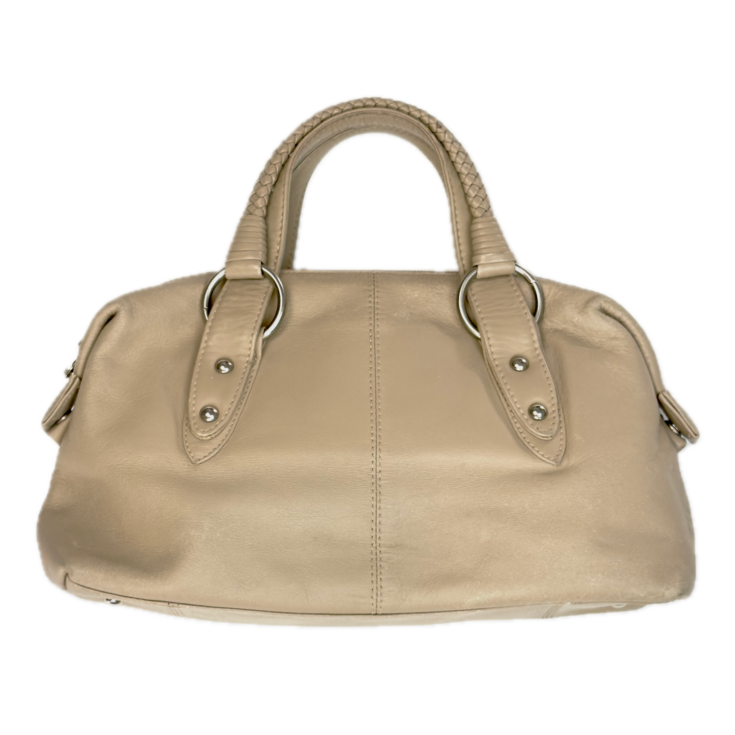 Rear view of a structured vintage Y2K Tula cool beige genuine leather top handle bag with silver hardware.