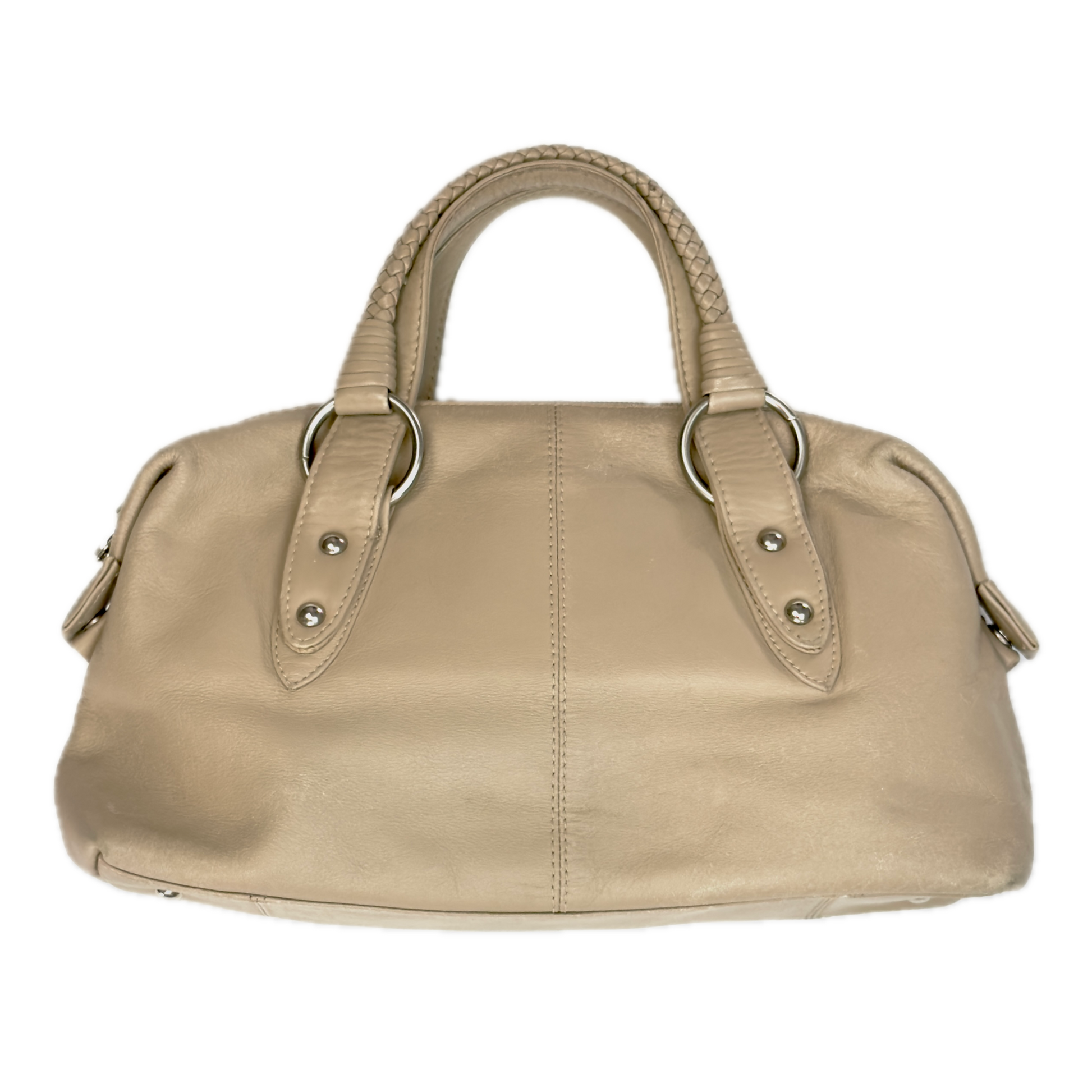 Rear view of a structured vintage Y2K Tula cool beige genuine leather top handle bag with silver hardware.