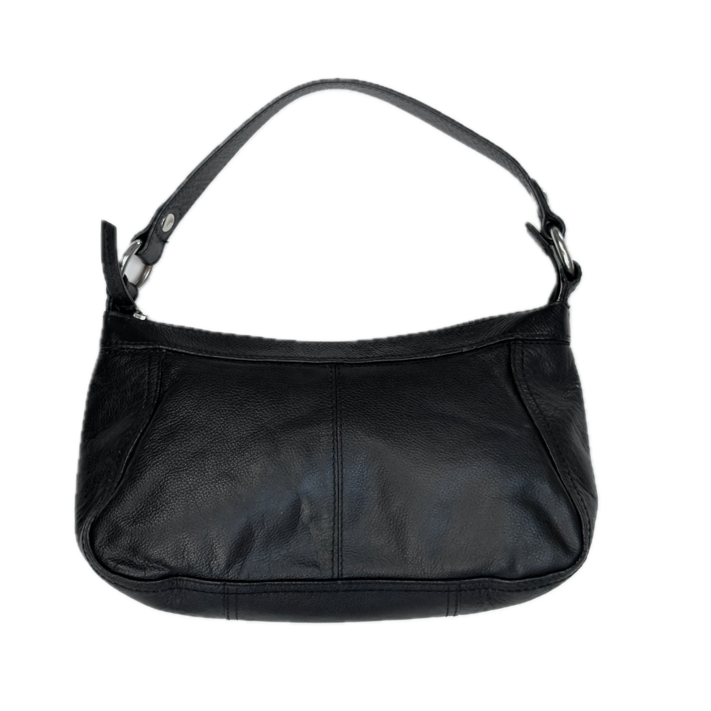 Front view of a slouchy vintage Y2K unbranded black genuine leather baguette shoulder bag featuring a front zip pocket and silver hardware.