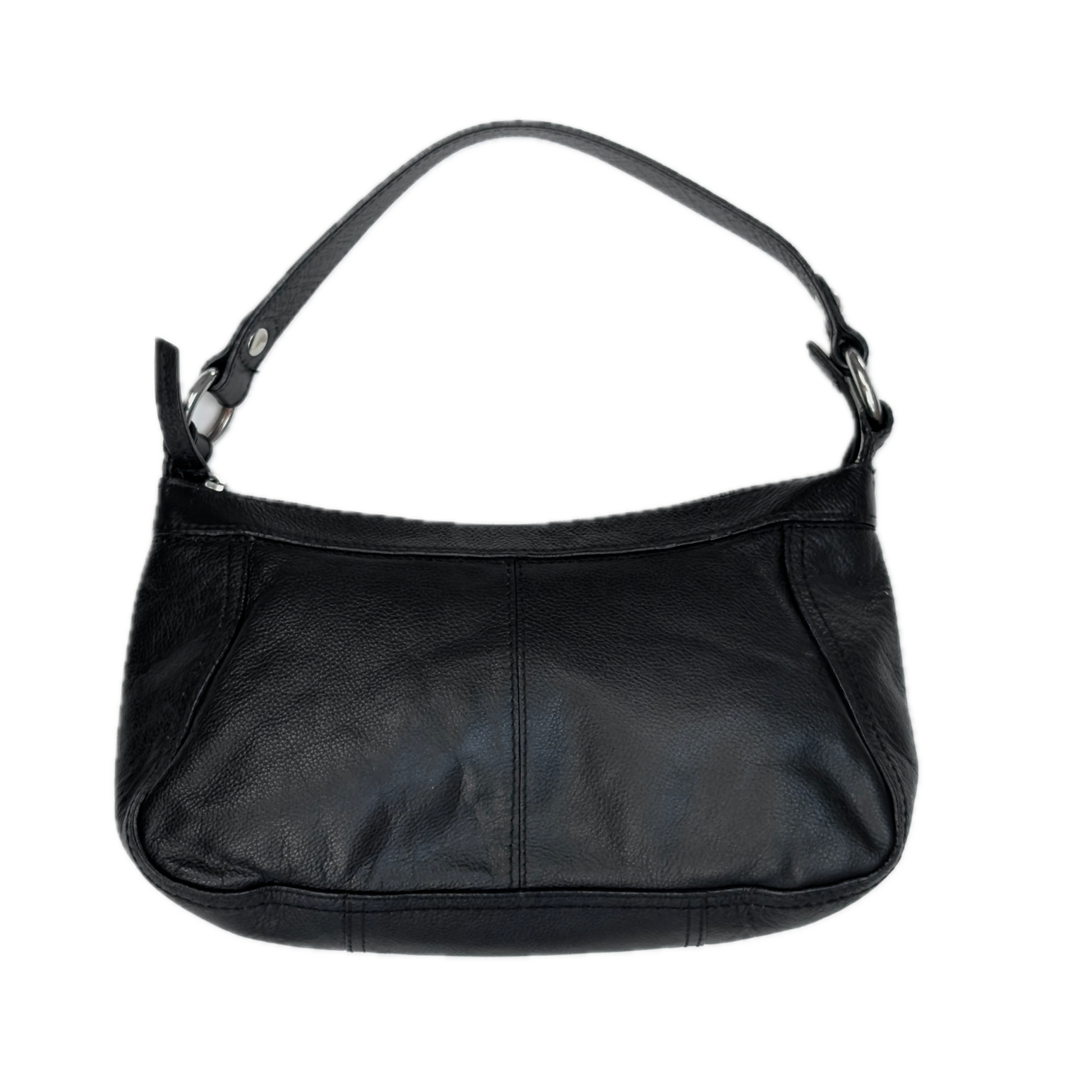 Front view of a slouchy vintage Y2K unbranded black genuine leather baguette shoulder bag featuring a front zip pocket and silver hardware.