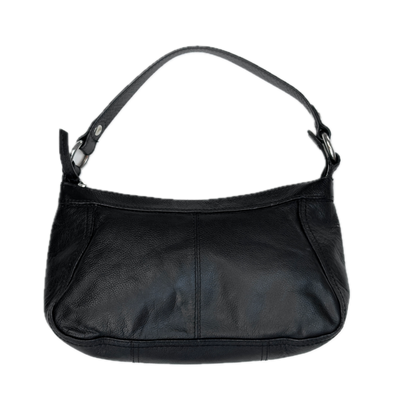 Front view of a slouchy vintage Y2K unbranded black genuine leather baguette shoulder bag featuring a front zip pocket and silver hardware.