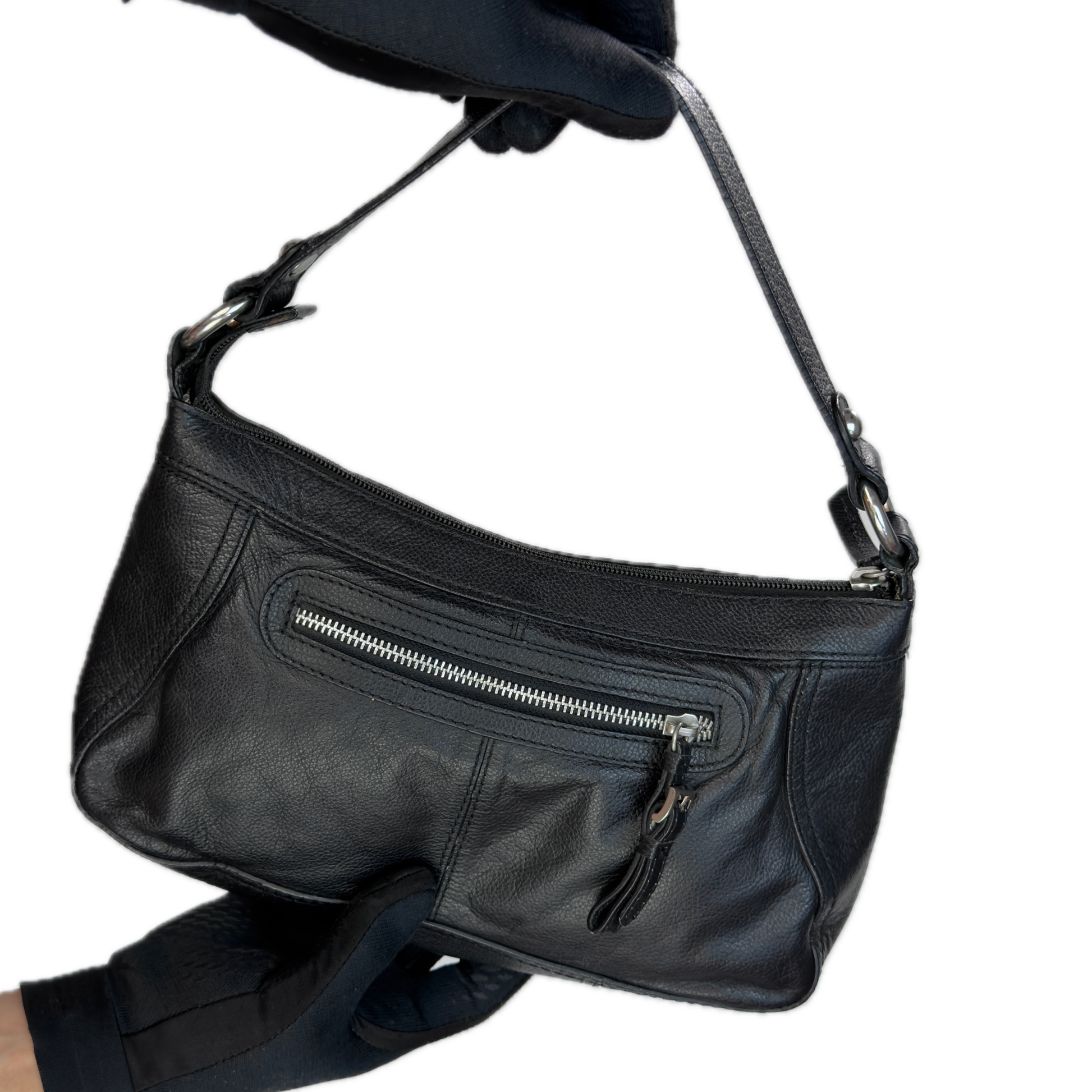 Front view of a slouchy vintage Y2K unbranded black genuine leather baguette shoulder bag featuring a front zip pocket and silver hardware.