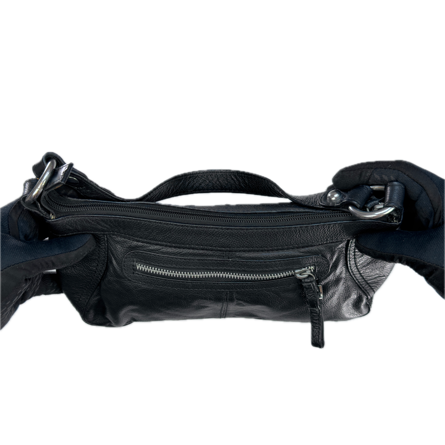 Aerial view of a slouchy vintage Y2K unbranded black genuine leather baguette shoulder bag featuring a front zip pocket and silver hardware.