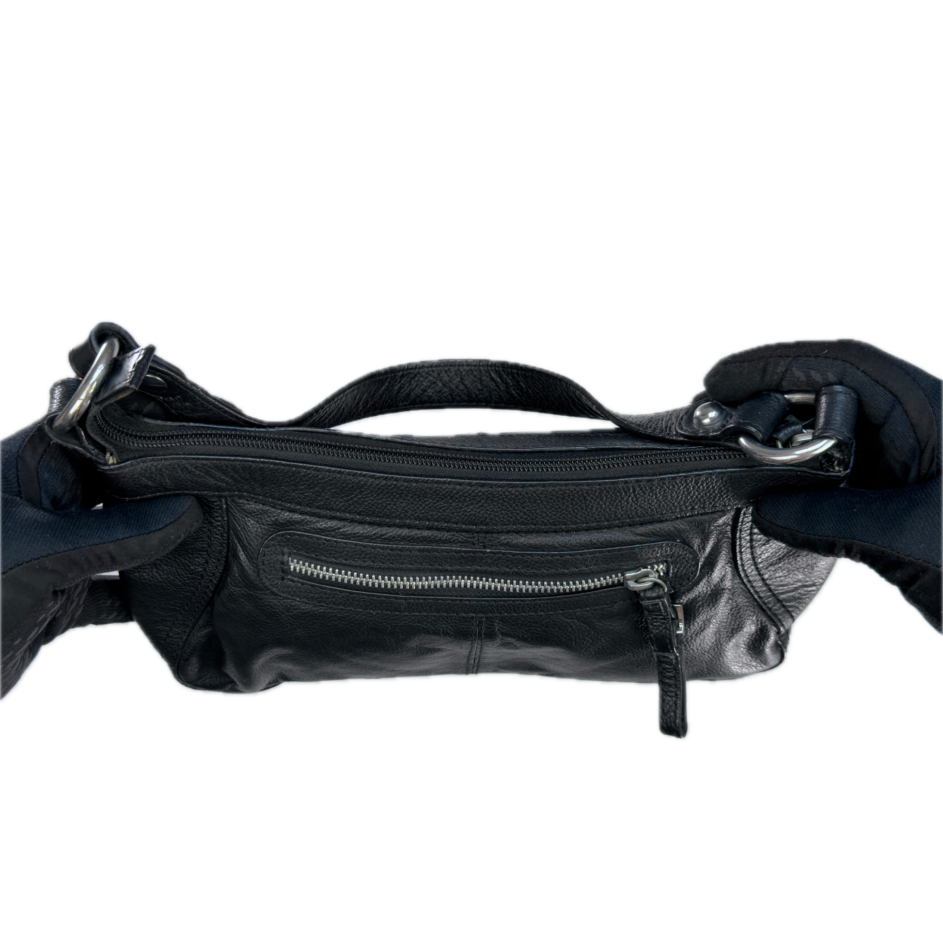 Aerial view of a slouchy vintage Y2K unbranded black genuine leather baguette shoulder bag featuring a front zip pocket and silver hardware.