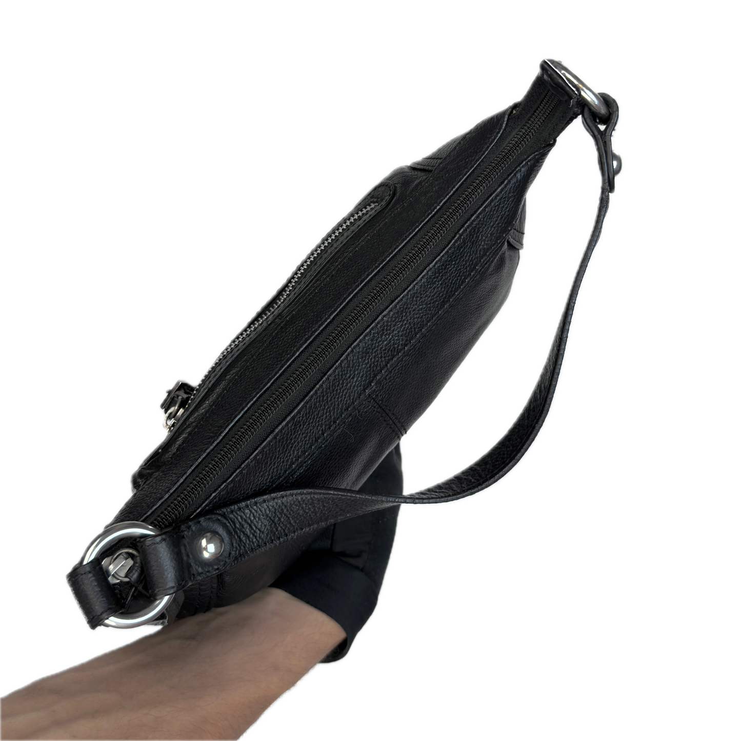 Aerial view of a slouchy vintage Y2K unbranded black genuine leather baguette shoulder bag featuring a front zip pocket and silver hardware.