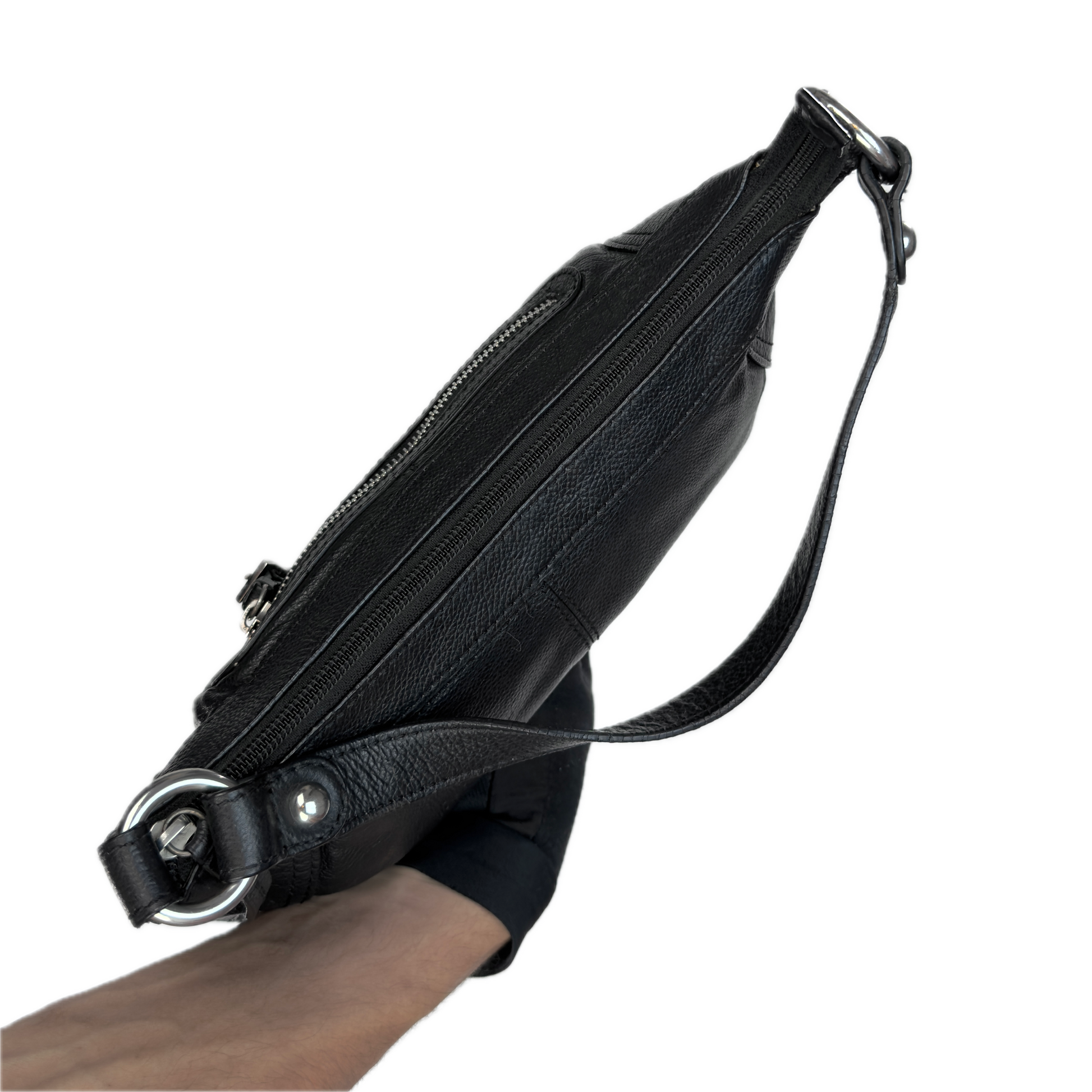 Aerial view of a slouchy vintage Y2K unbranded black genuine leather baguette shoulder bag featuring a front zip pocket and silver hardware.