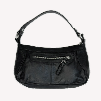 Front view of a slouchy vintage Y2K unbranded black genuine leather baguette shoulder bag featuring a front zip pocket and silver hardware.